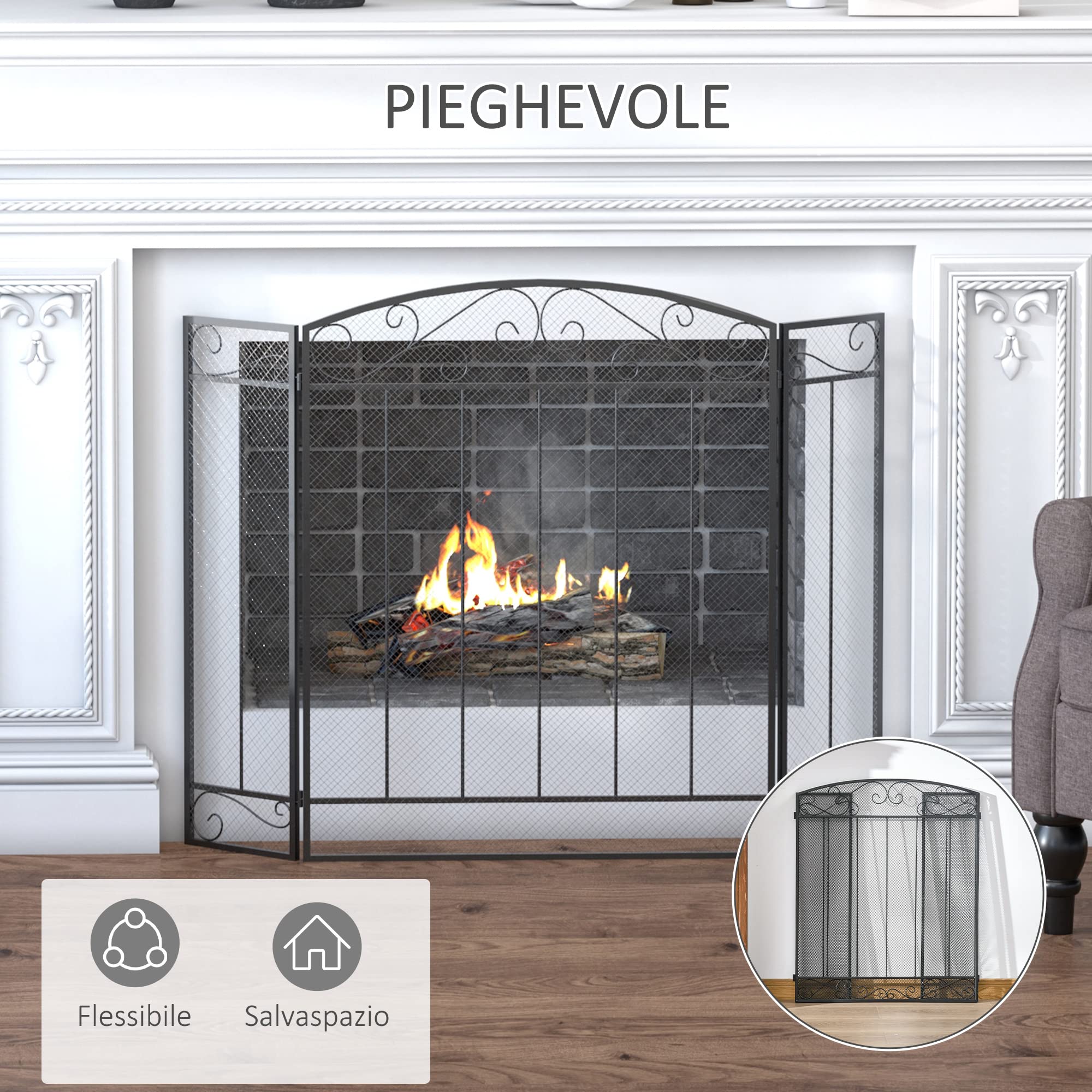 HOMCOM Parascintille Caminetto con 3 Pannelli Pieghevoli in Metallo e Acciaio Nero 105x1.6x80.5cm