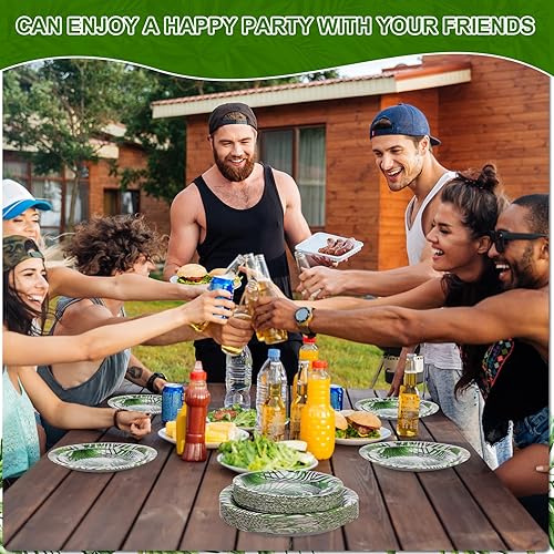 Miniatura 7 de Fuutreo 100 platos de papel tropical para fiesta, hojas de palma verdes, platos de papel de postre de 7 pulgadas y 9 pulgadas, platos desechables