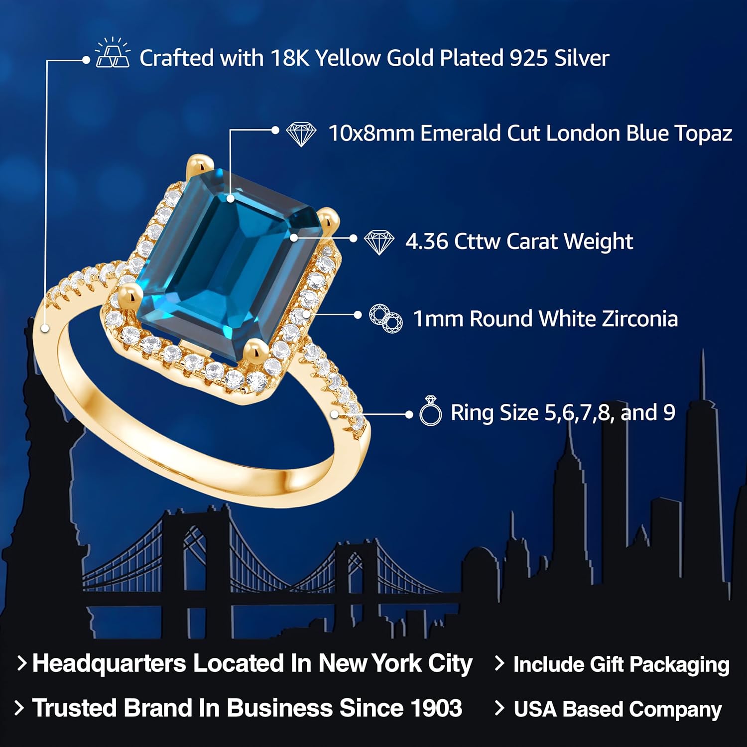 Gem Stone King 18K Yellow Gold Plated Silver Gemstone Birthstone Engagement Ring | Emerald Cut 10X8MM | Wedding Engagement Anniversary Promise Ring For Women | Available In Size 5, 6, 7, 8, 9