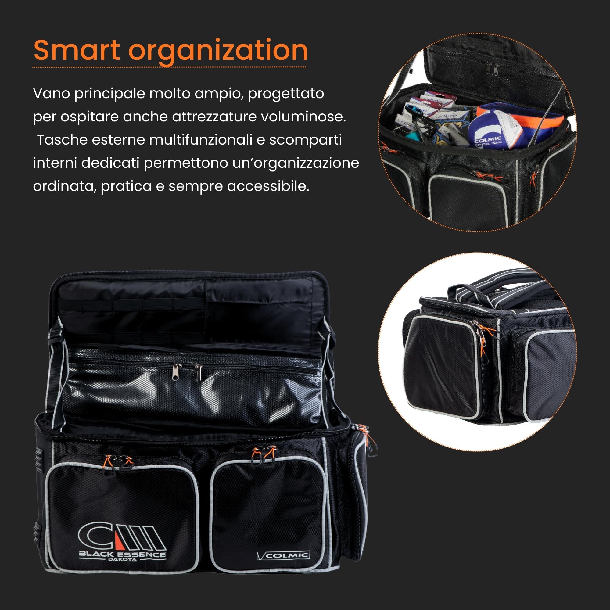 Colmic Black Essence – Borsone Tecnico da Pesca e Sport, Tessuto High Performance, Tasche Multiple, Viaggio, Fitness e Piscina – Borsa Sportiva