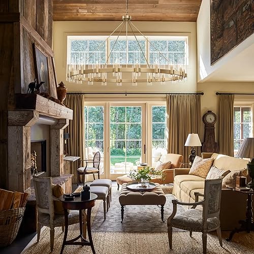 Miniatura 9 de Candelabro dorado de 60 pulgadas, lámpara de rueda de vagón con pantalla de cristal, 20 luces, grande, redonda, moderna, de granja, techo alto, para