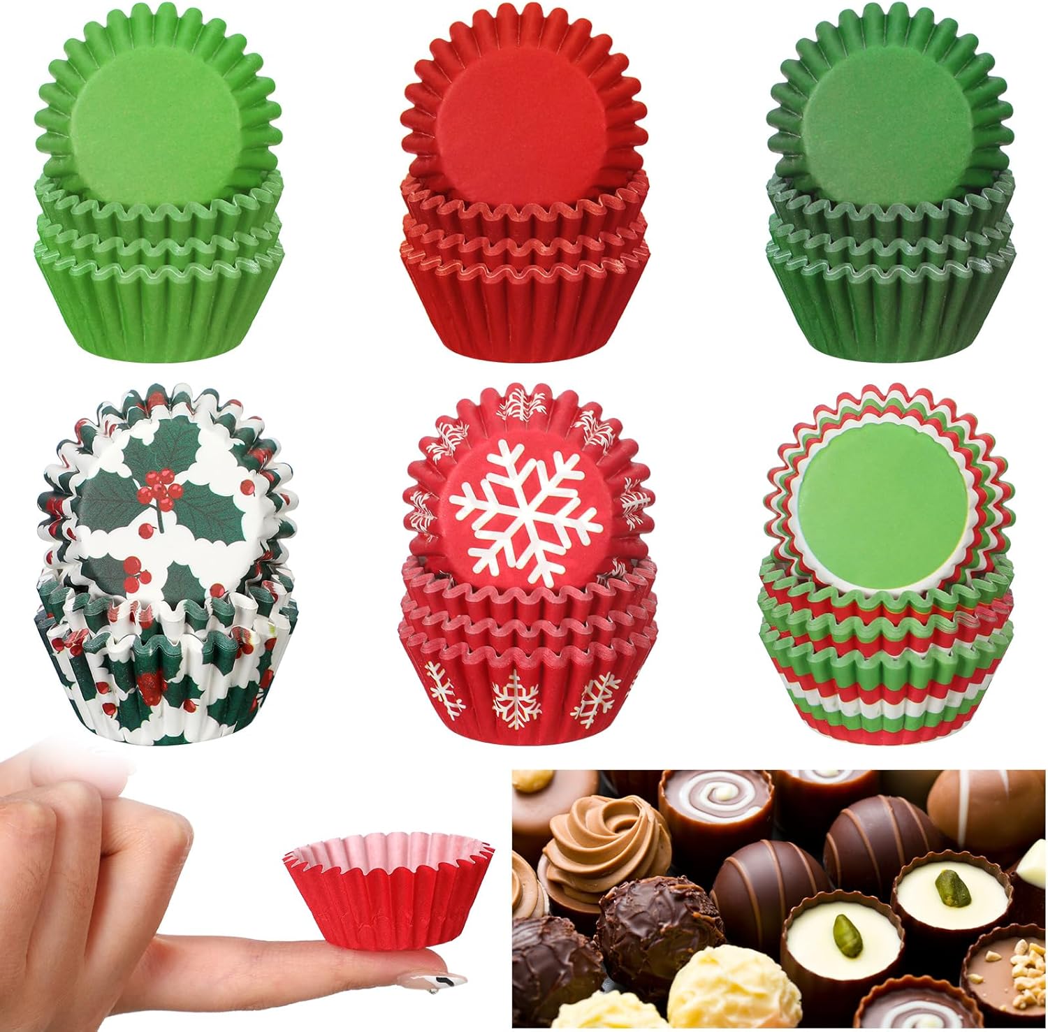 600 Pcs Christmas Cupcake Liners Mini Muffin Liners Paper Candy Cups 1.3 Inch Holly