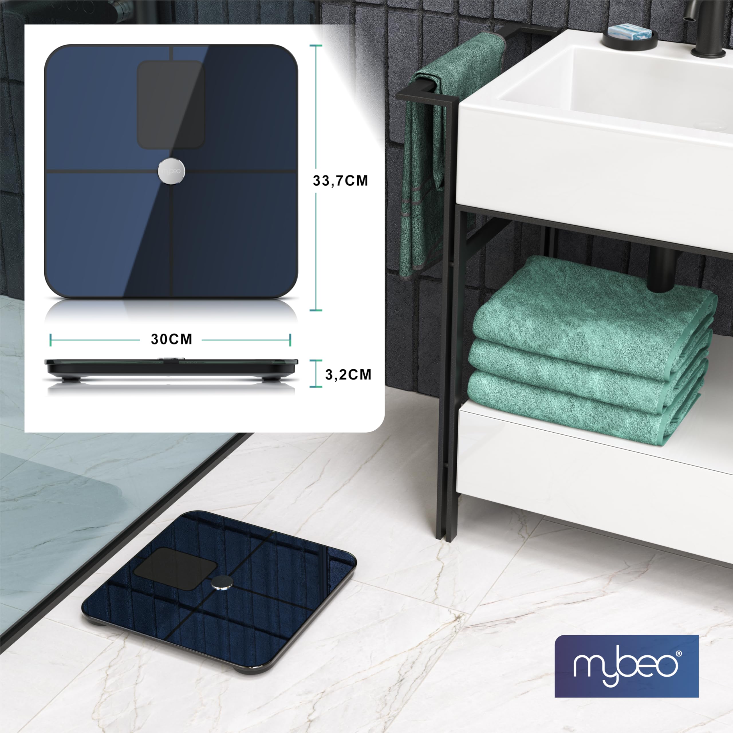 Mybeo - Körperfettwaage mit App - Digitale Bluetooth Körperwaage - Personenwaage Multifunktionswaage - Digitale Anzeige – Full Body Scan - bis zu 180 kg – gehärtetes Glas - mit körperfettanalyse