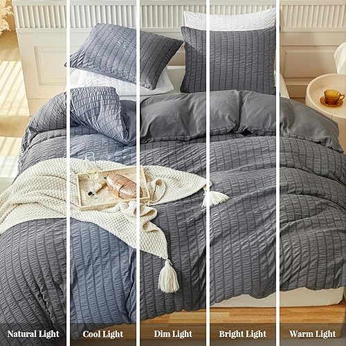 Miniatura 3 de WARMDERN Juego de funda de edredón tamaño Queen, 3 piezas de microfibra lavada gris, juego de ropa de cama suave y transpirable con textura a rayas