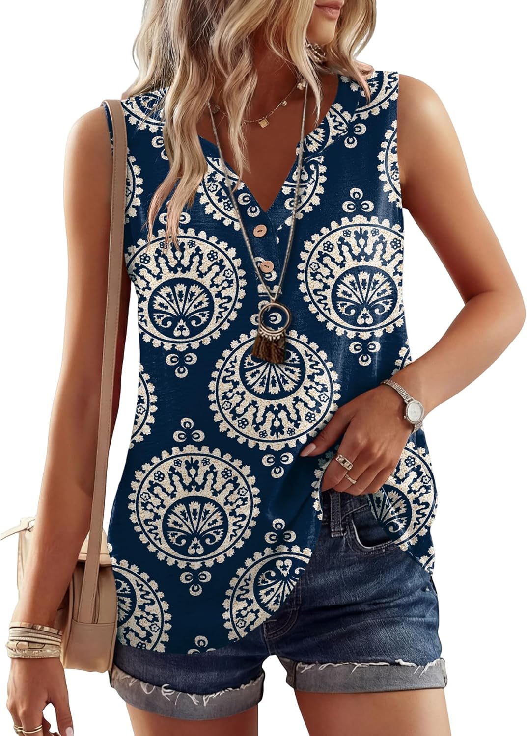 Micoson Tank Tops for Women 2026 Summer Casual V Neck Sleeveless Tops Loose Flowy Button Down Boho Tshirt