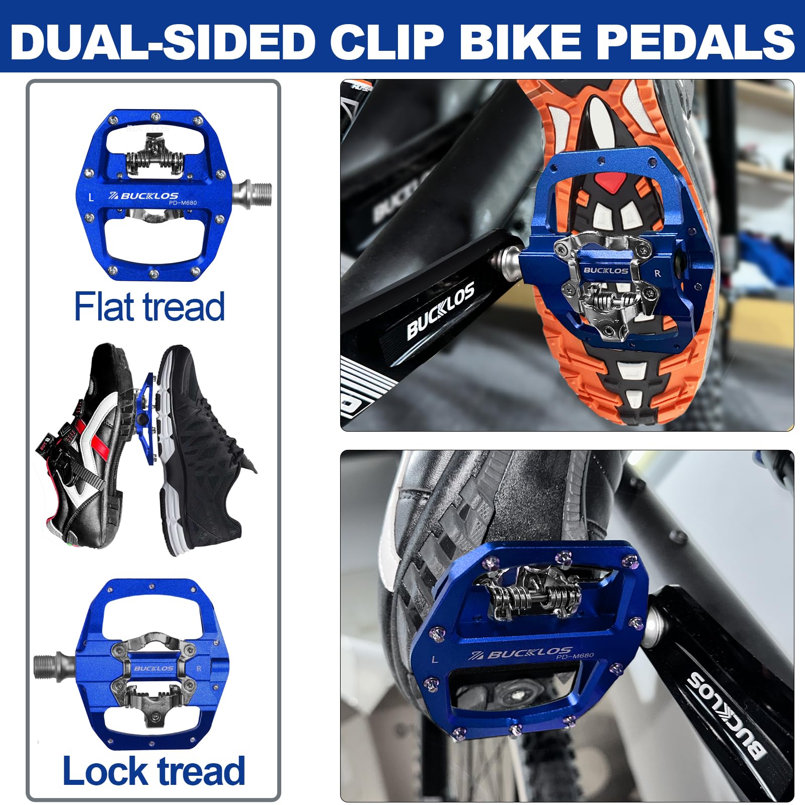 BUCKLOS SPD Pedals PD-M680 - Pedales de Bicicleta de montaña MTB con Clip de Doble Cara, Bicicleta de Carretera, Bicicleta de Spinning, rodamiento Plano y sin Clip, Pedal de Clips de Bicicleta