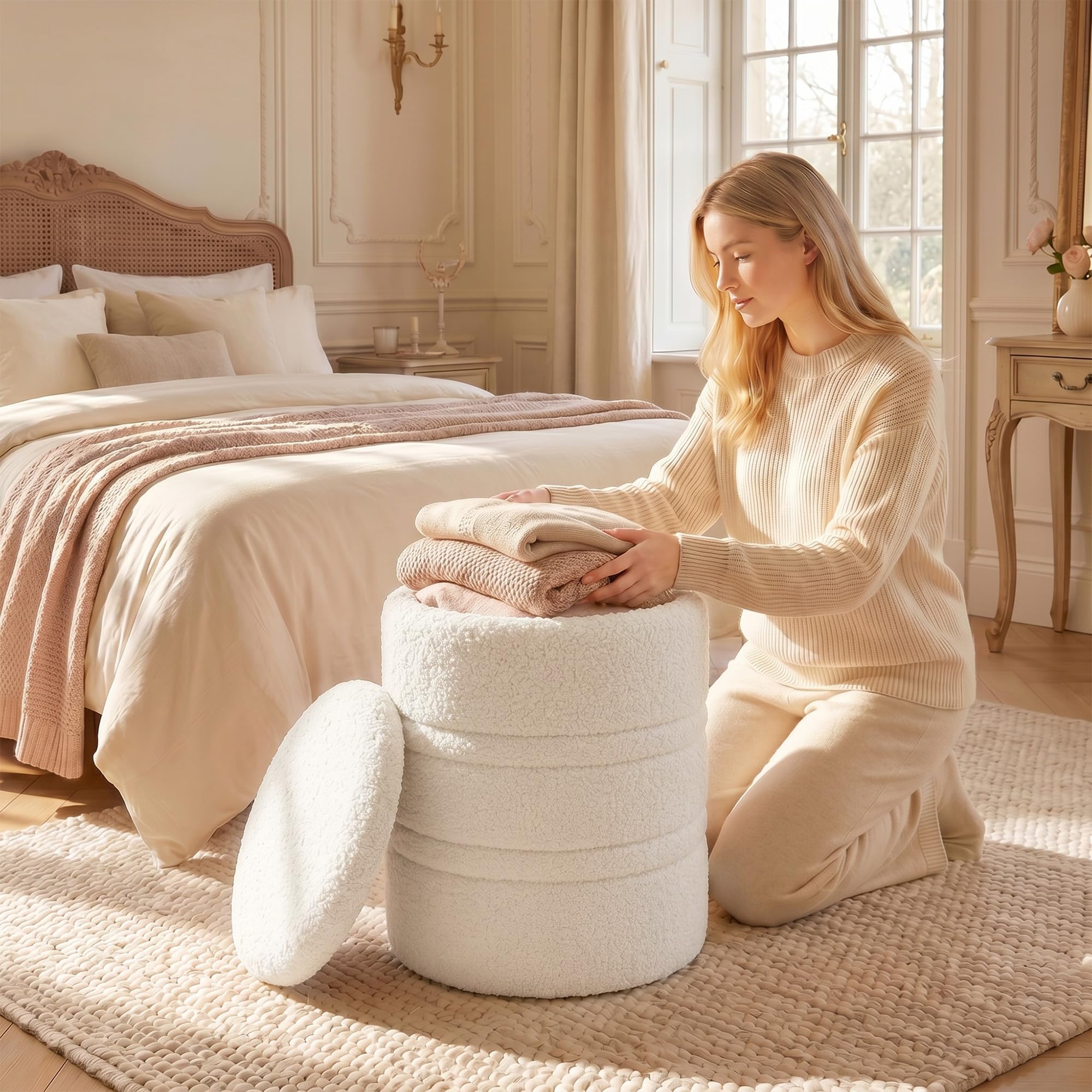 HOMCOM Puff Almacenaje Banco Almacenaje 33 L Redondo Ø36,5x46,5 cm Blanco | Baúl de Almacenamiento con Tapa, Tapizado en Borreguito, Carga 120 kg, Taburete para Salón, Dormitorio o Recibidor