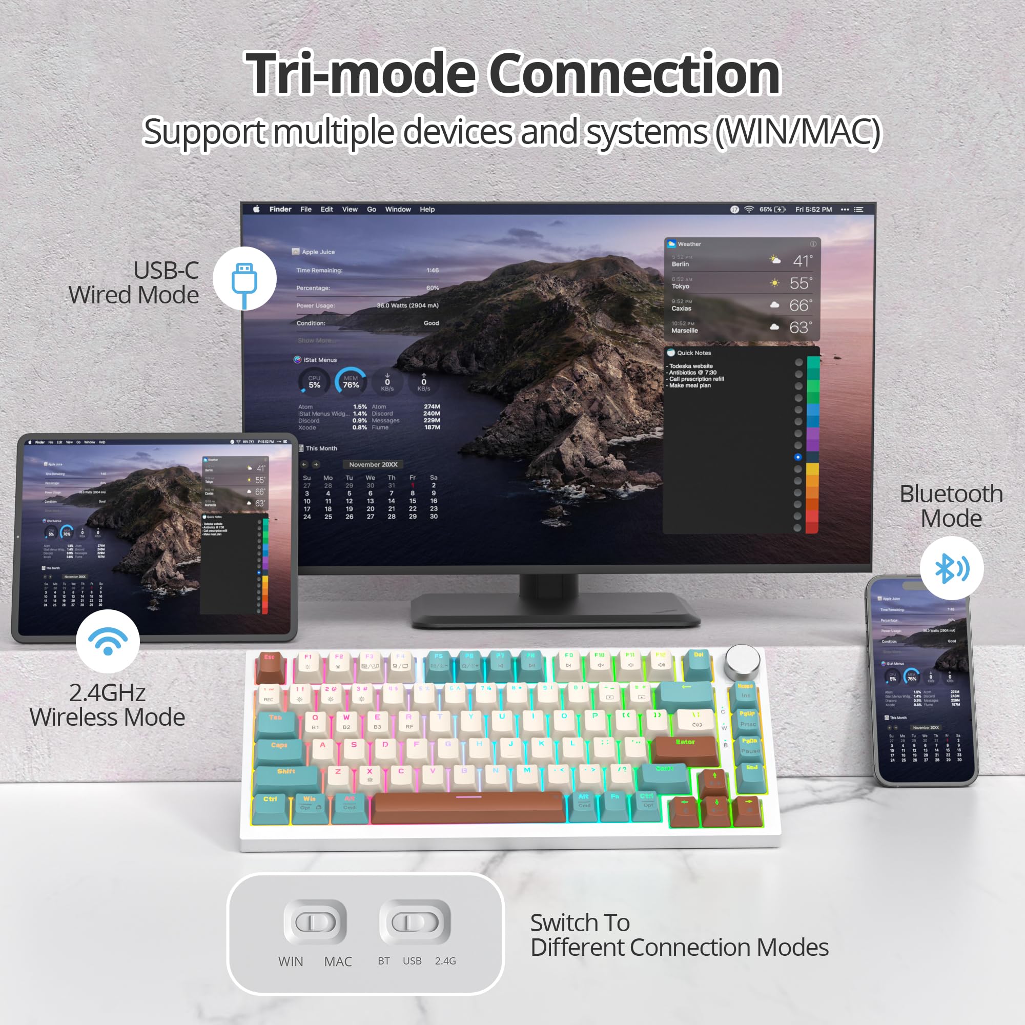 SOLIDEE tastiera gaming meccanica 75 percento con manopola,Bluetooth 5.0/2.4GHz/USB-C tastiera meccanica gasket,tastiera hot swappable,RGB Retroilluminata per Win Mac,Cream Grey Switch(82 Brown)