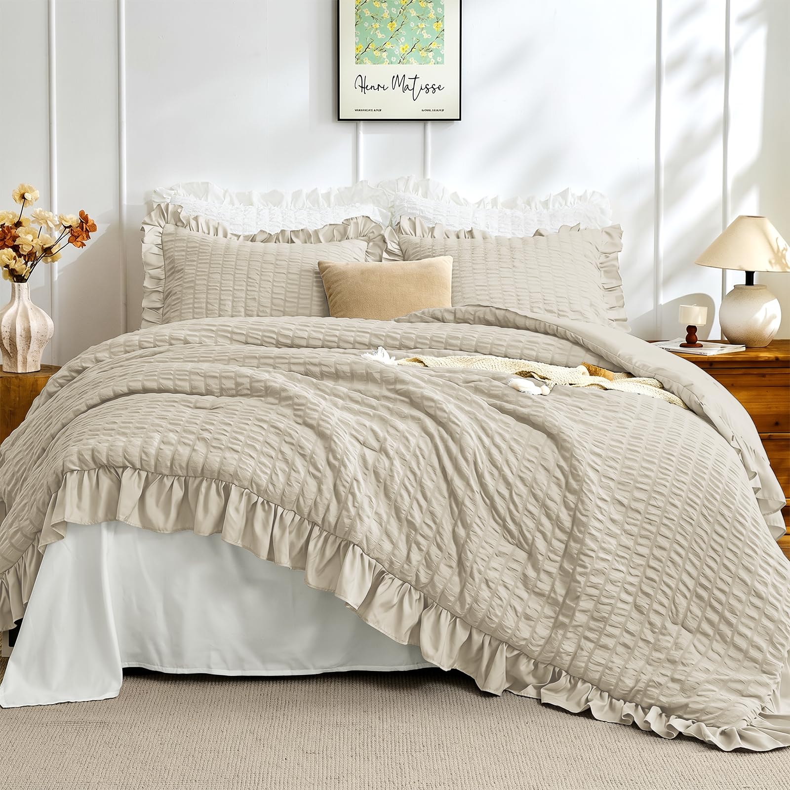 Photo 1 of JOLLYVOGUE Twin/Twin XL Comforter Set, 2 Pieces Linen Seersucker Lightweight Fluffy Bedding Set, Twin Ruffle Comforter, All Season Soft Microfiber Shabby Chic Bed Set