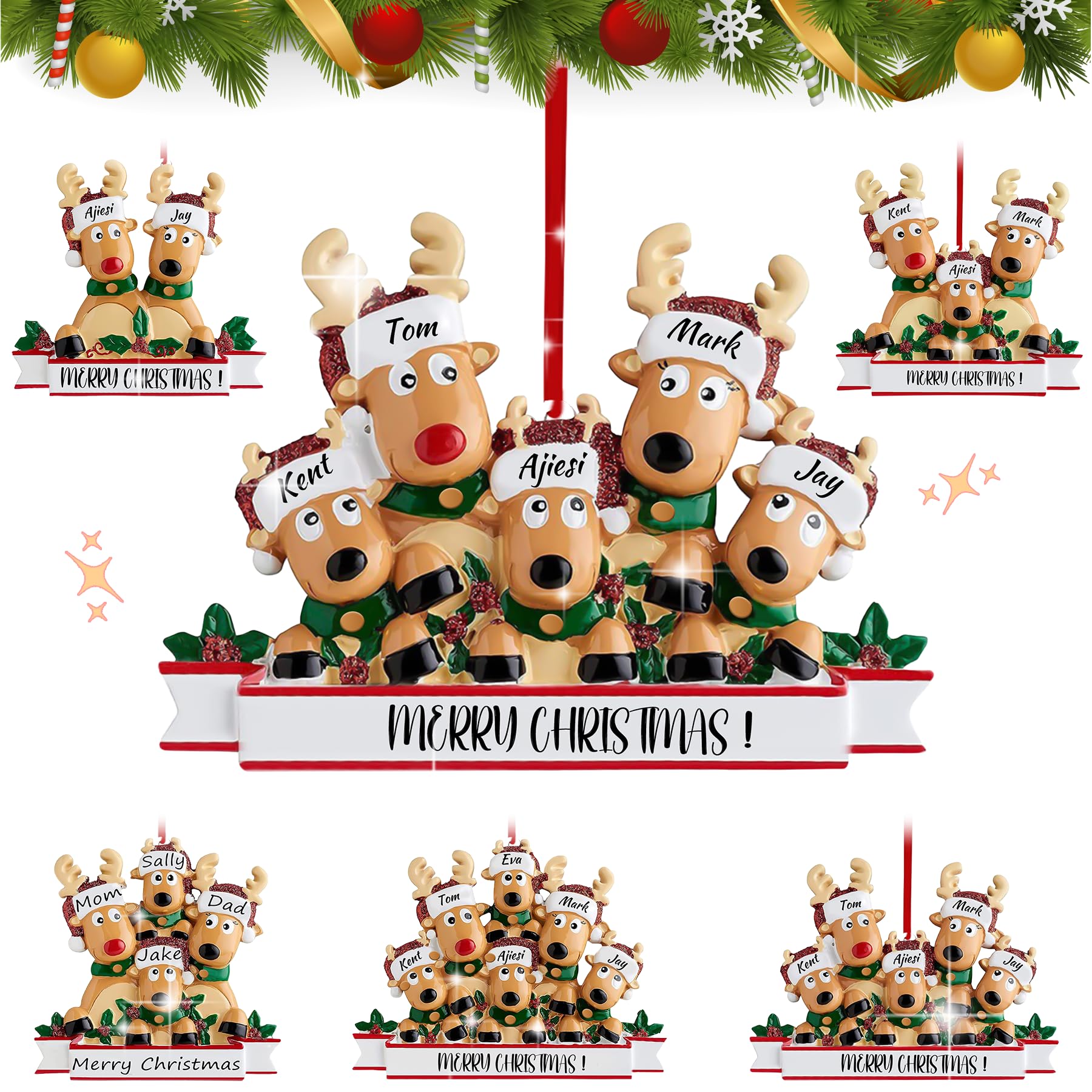 Personalized Reindeer Christmas Ornaments 2025, DIY Resin Elk Deer Family Ornaments with Custom Name, Tree Decorations, 3D Customized Christmas Ornament Gifts (Family of 5)