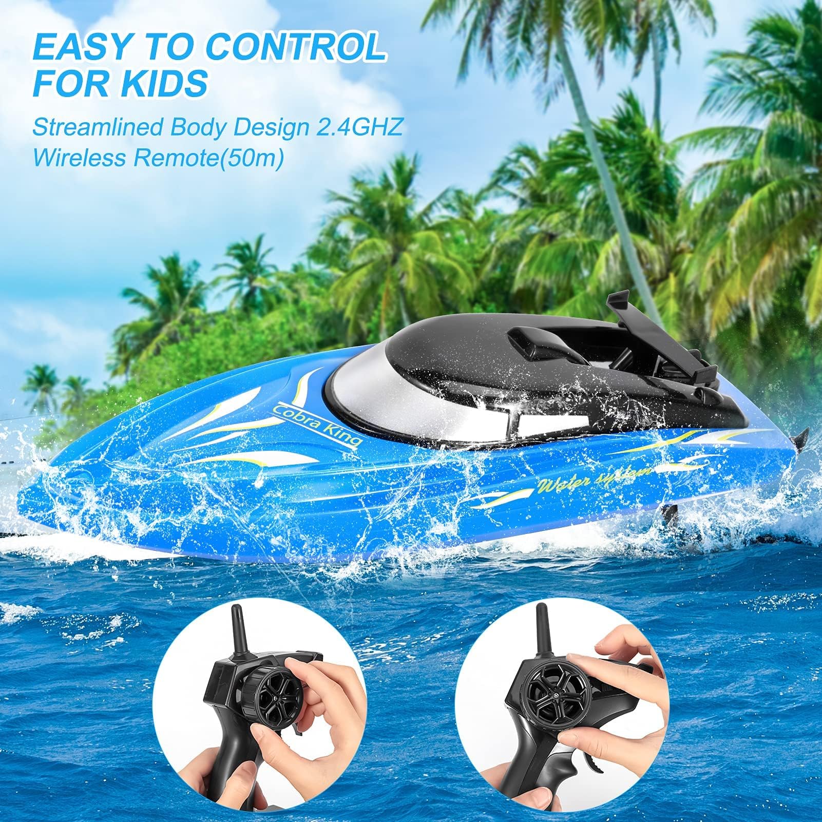 Garvee Barca Radiocomandata Per Bambini, Set Da 2 Barche RC Da 10 Km/h, Barca Radiocomandata Ad Alta Velocità 2.4G, Barche Veloci Per Piscine, Laghi e Fiumi, Con 4 Batterie Ricaricabili, Blu+Giallo