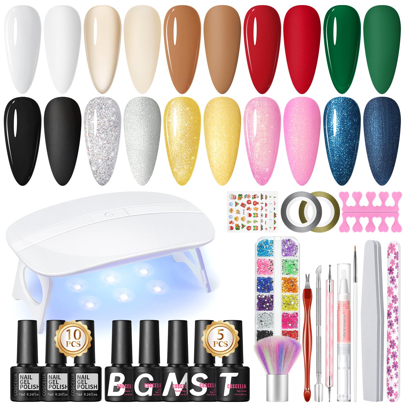 Coscelia Kit Uñas Semipermanente, 10 Colores Kit Uñas de Gel Completo con 6W UV LED Lampara, Base, Top Coat Glitter y Mate, Set Manicura Semipermanente para Uñas Regalo Preferido de Navidad