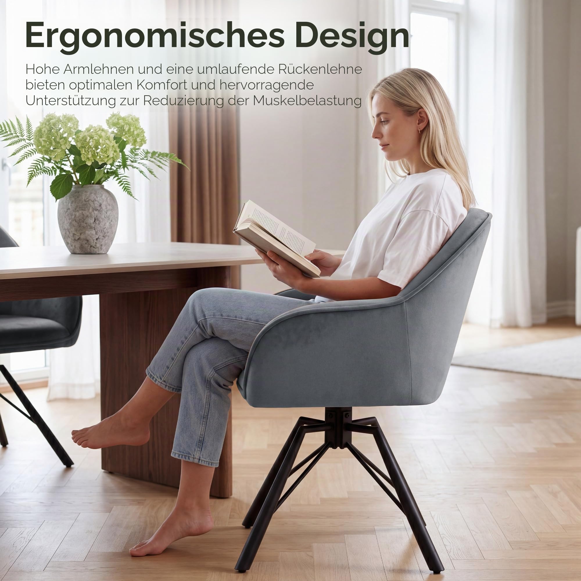 ELUCHANG Esszimmerstühle 4er Set, 360°Drehbar, Mehrschichtiger Dicker Schaumstoff Stuhl mit Hohen Armlehnen, Grau Samt, Gekreuztes Metallgestell bis 150KG Belastbar, für Schlafzimmer Küche Wohnzimmer