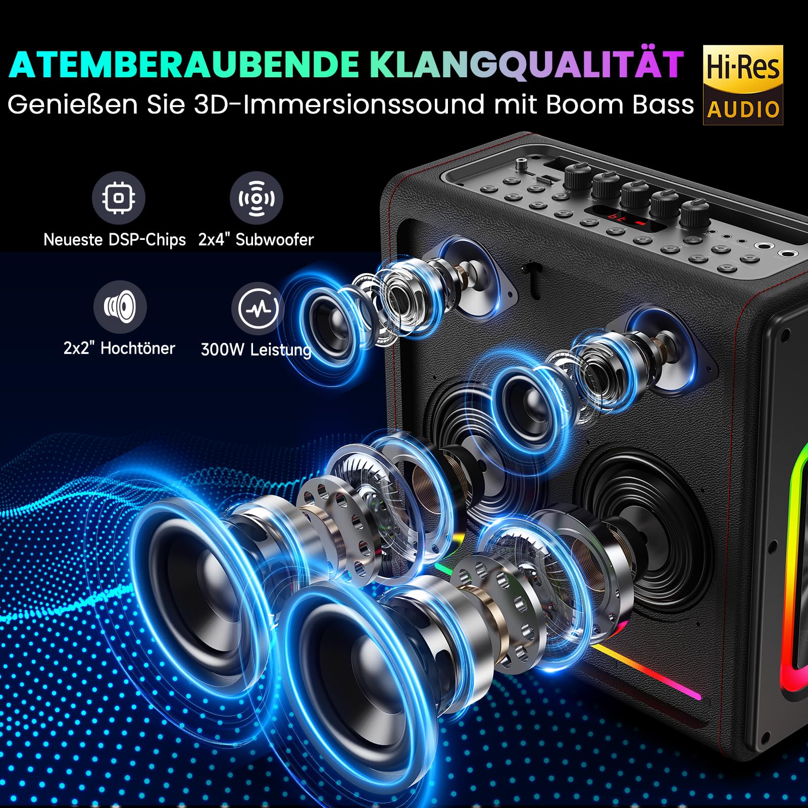 HWWR Karaoke Maschine mit 2 Mikrofone Tragbarer Bluetooth Lautsprecher mit Lichteffekte für Erwachsene/Kinder, Unterstützt TF/USB, FM, Rec, AUX in, TWS für Party