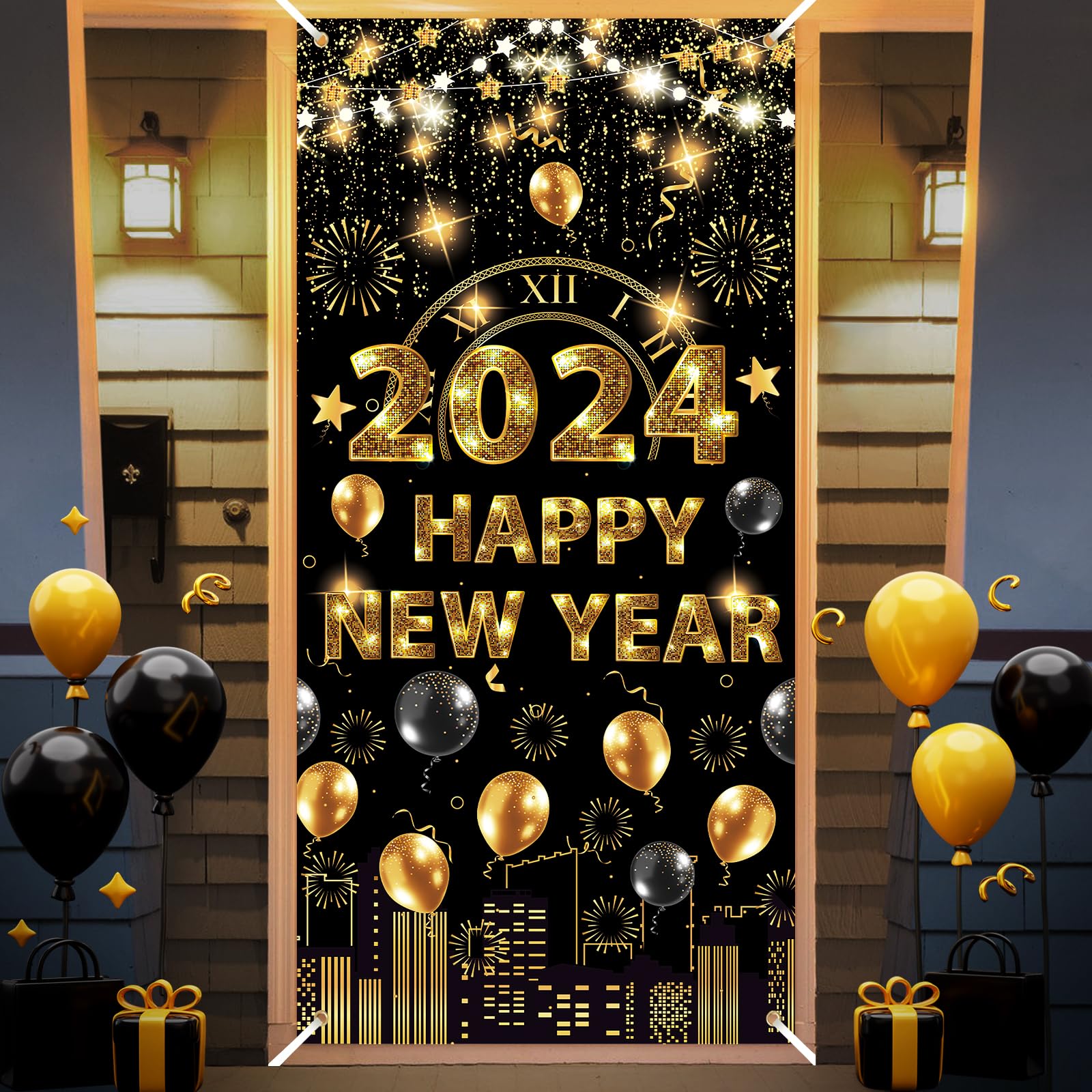 Buy 2024 Happy New Year Door Cover Black and Gold Happy New Year 2024