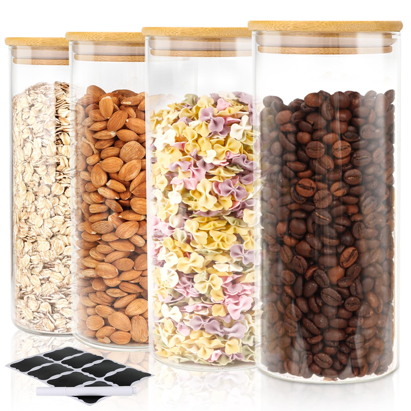FoiiLiio 1000ml Tarros de Cristal Hermético Juego de 4 Botes de Cristal con Tapa de Bambu, para Cereales Judías Avena - Φ8.5x20cm