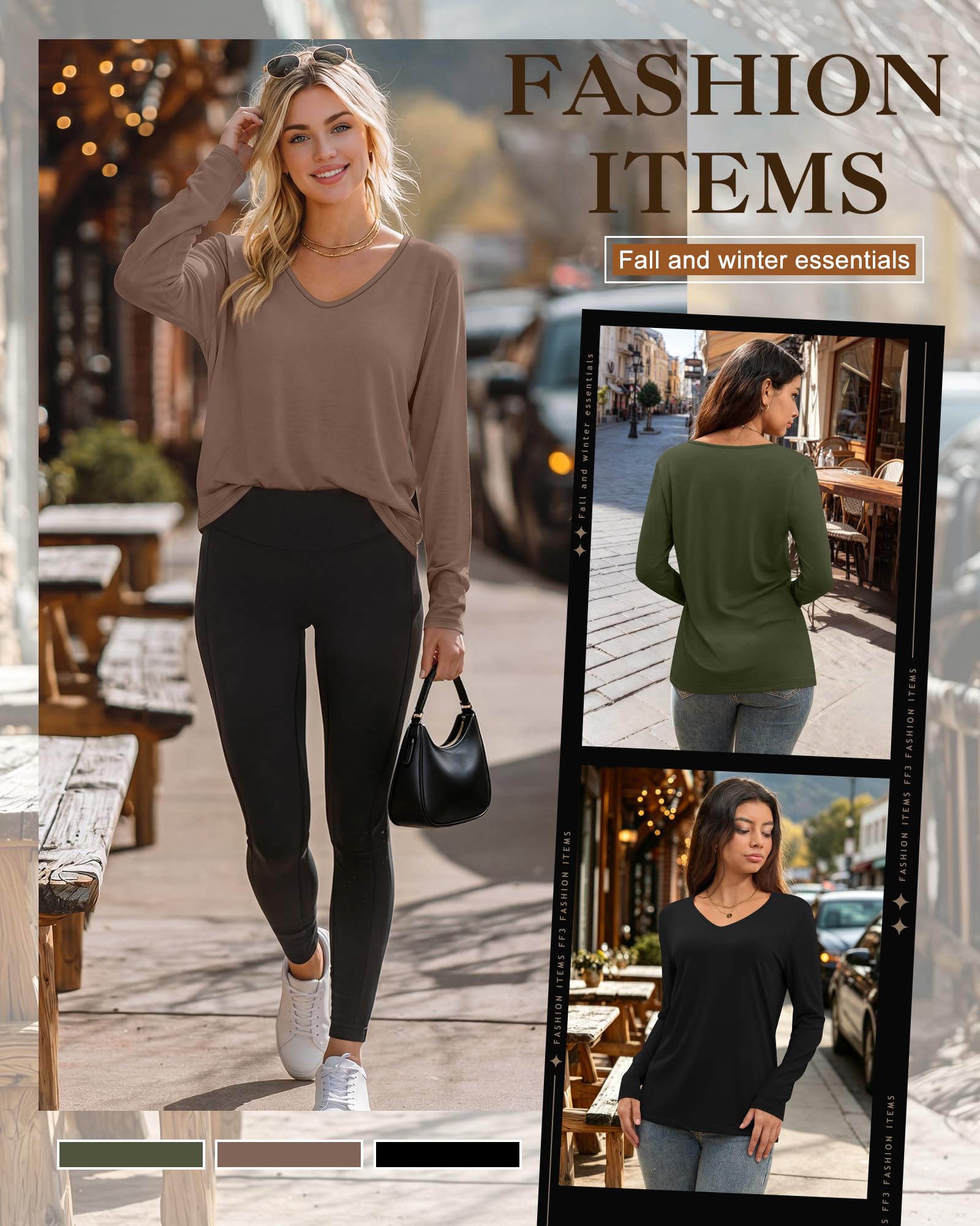 Ficerd Lot de 3 Hauts pour Femme col V Manches Longues | Col V, Manches Longues, Coupe Ample, Tissu Doux, T-shirts Basiques D'automne, Hauts Casual Du Quotidien, Mode Femme Tendance