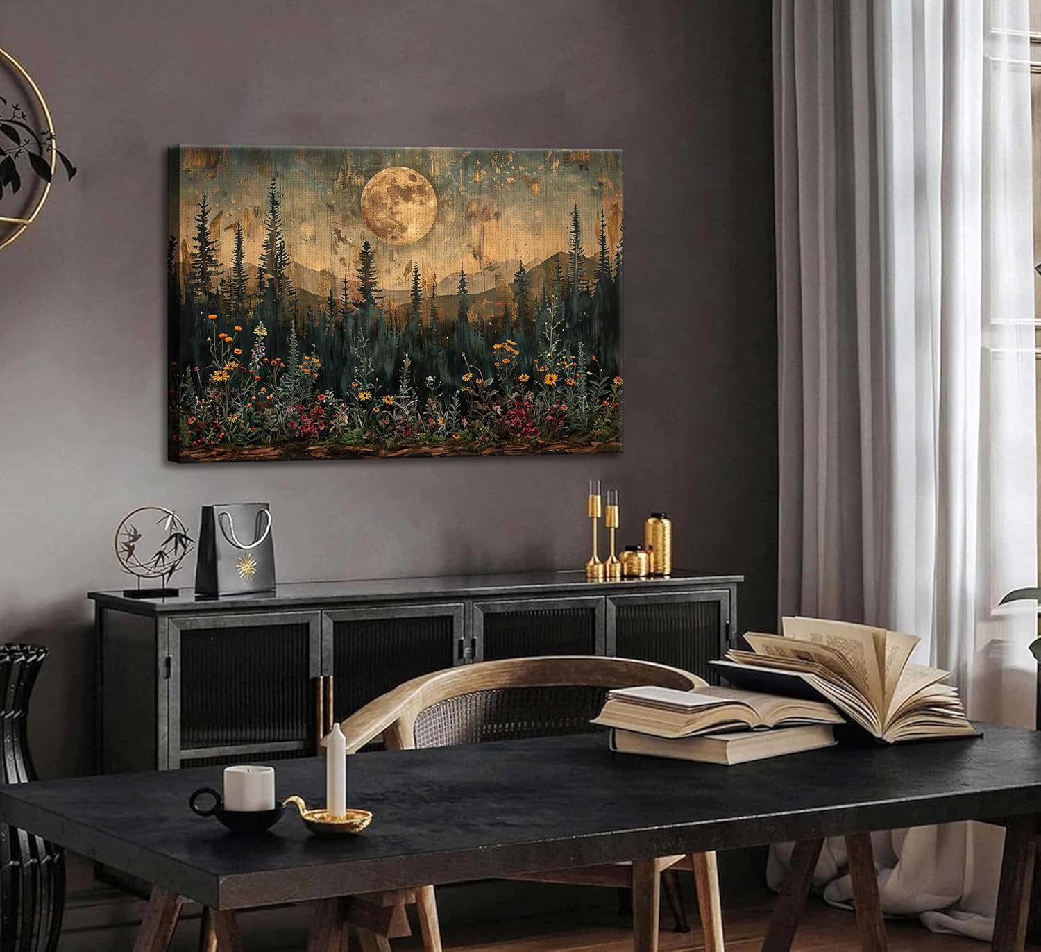 Full Moon Forest Canvas Wall Art Vintage Moonlit Pine Tree Mountains and Wildflowers Woodland Nature Landscape Picture Wall Decor Poster Print Artwork for Bedroom Living Room Home Decoration - Image 3