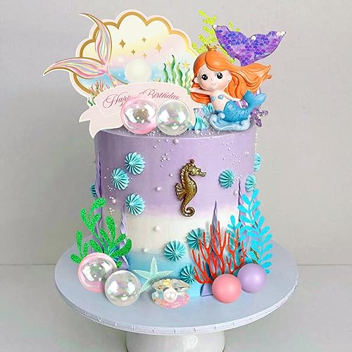 Miniatura 6 de 22 decoraciones para pastel de sirena con algas y caballito de mar y bolas para decoración de fiesta de cumpleaños, suministros de sirena para baby