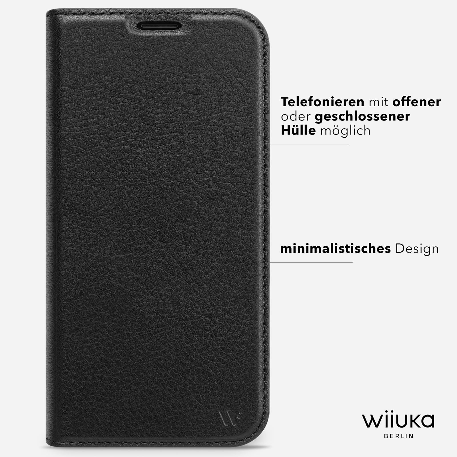 WIIUKA Hülle für iPhone 17, Leder aus Deutschland, mit Kartenfach, extra Dünn, Handyhülle mit Standfunktion, Tasche, Klapphülle, suiit, Schwarz