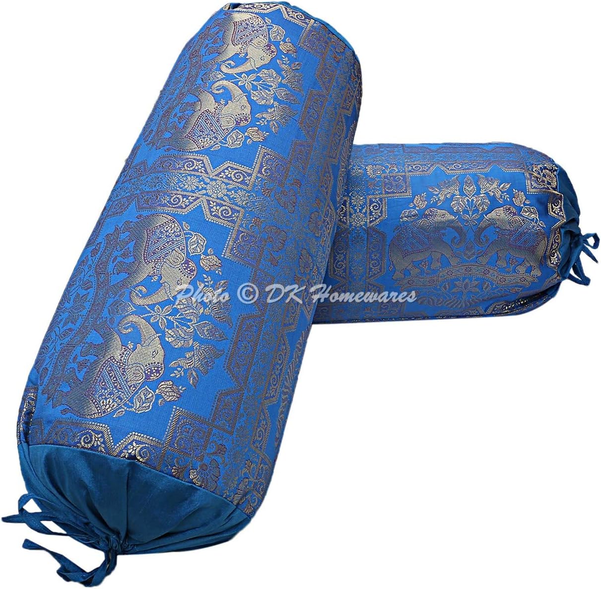 Ethnic Jacquard Brocade Silk Bolster Throw Pillows for Couch Cylindrical Hotdog Turquoise Yoga Living Room Decorative Elephant Traditional Throw Pillowcase 76x38 cm - Set of 2 Pcs