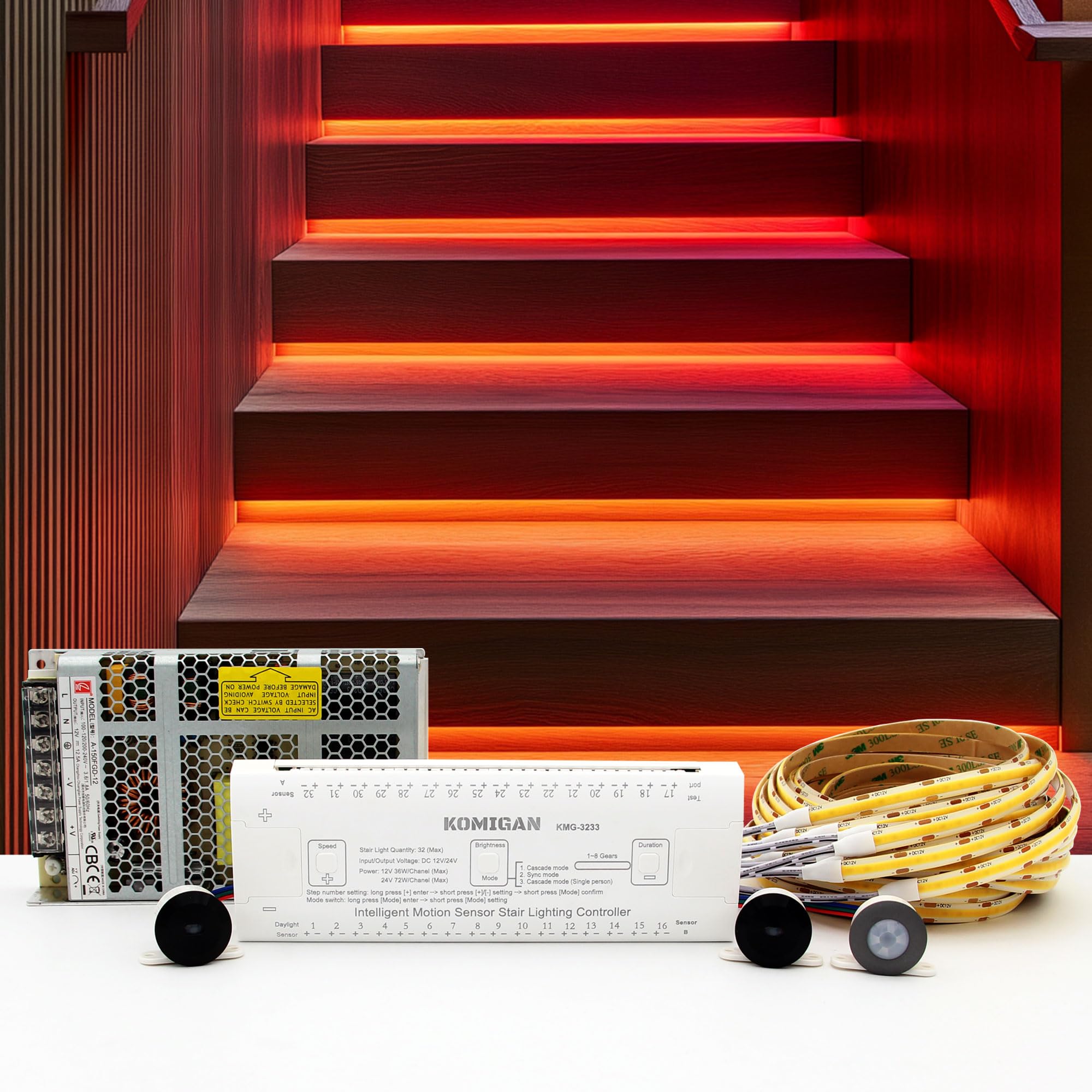 Intelligent Motion Triggered LED Stair Lighting Kit KMG-3233, 40" Cuttable LED Strip Light for Indoor LED Stair Lights (Orange Color, 16 Stairs)