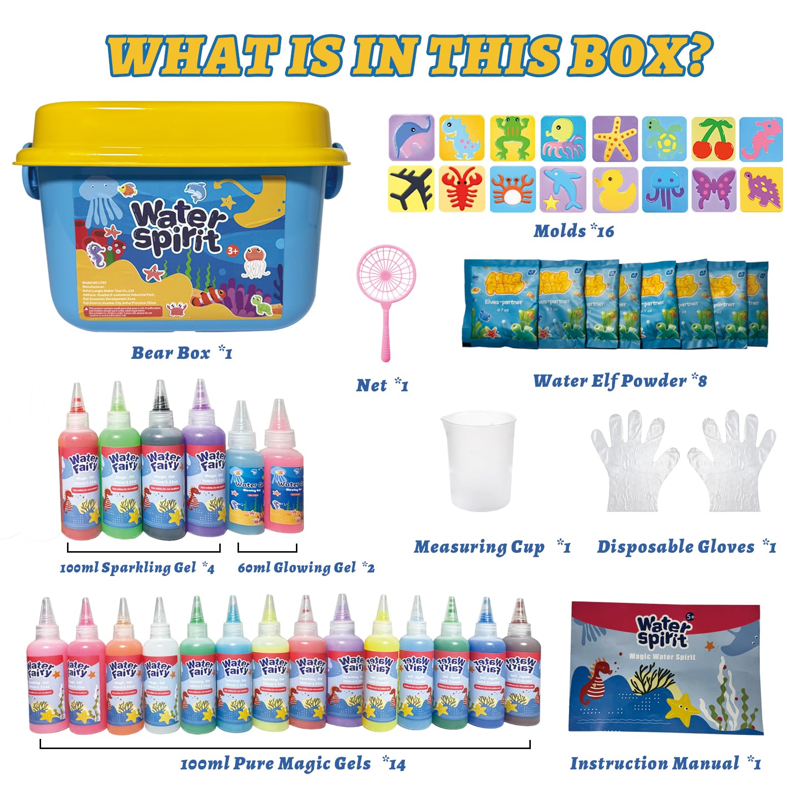 ZLDHMA Magic Water Elf Kit 50 Pcs – Aqua Gelz Set Creativo 3D con 100ML 20 Geles de Colores y 16 Moldes – Juguete Educativo DIY para Niños y Niñas 3+ Años – Regalo Original Infantil