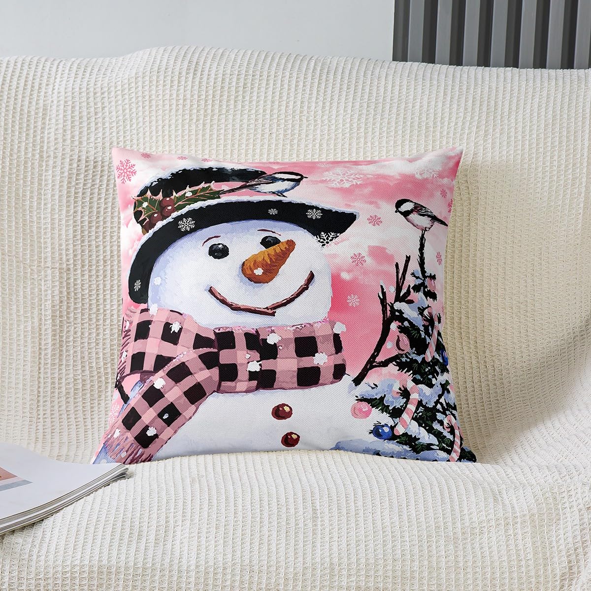 Homemissing Juego de 4 fundas de cojín para sofá, cama, silla, coche, diseño de muñeco de nieve navideño, color rosa, 50 x 50 cm