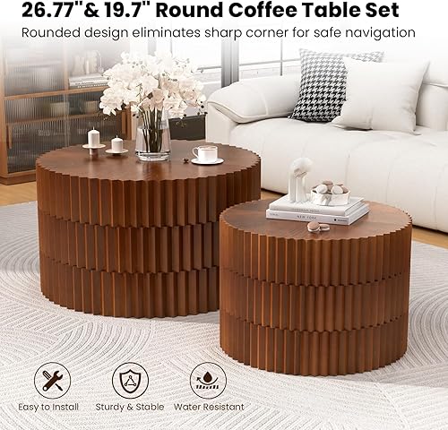 Miniatura 3 de Juego de 2 mesas auxiliares redondas estriadas con diseño en relieve, mesa auxiliar moderna de mediados de siglo, mesa auxiliar circular minimalista