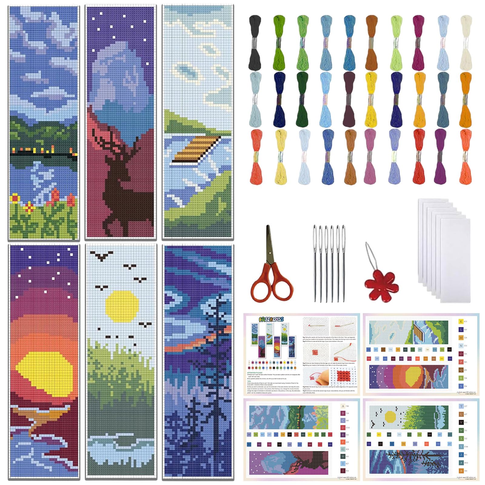FREEBLOSS 6 Set Cross Stitch Bookmark Kit Scenery Pattern with 30 Colors Embroidery Floss DIY Bookmark Kit with Instruction Embroidery Kit for Beginners 8''x2.4''