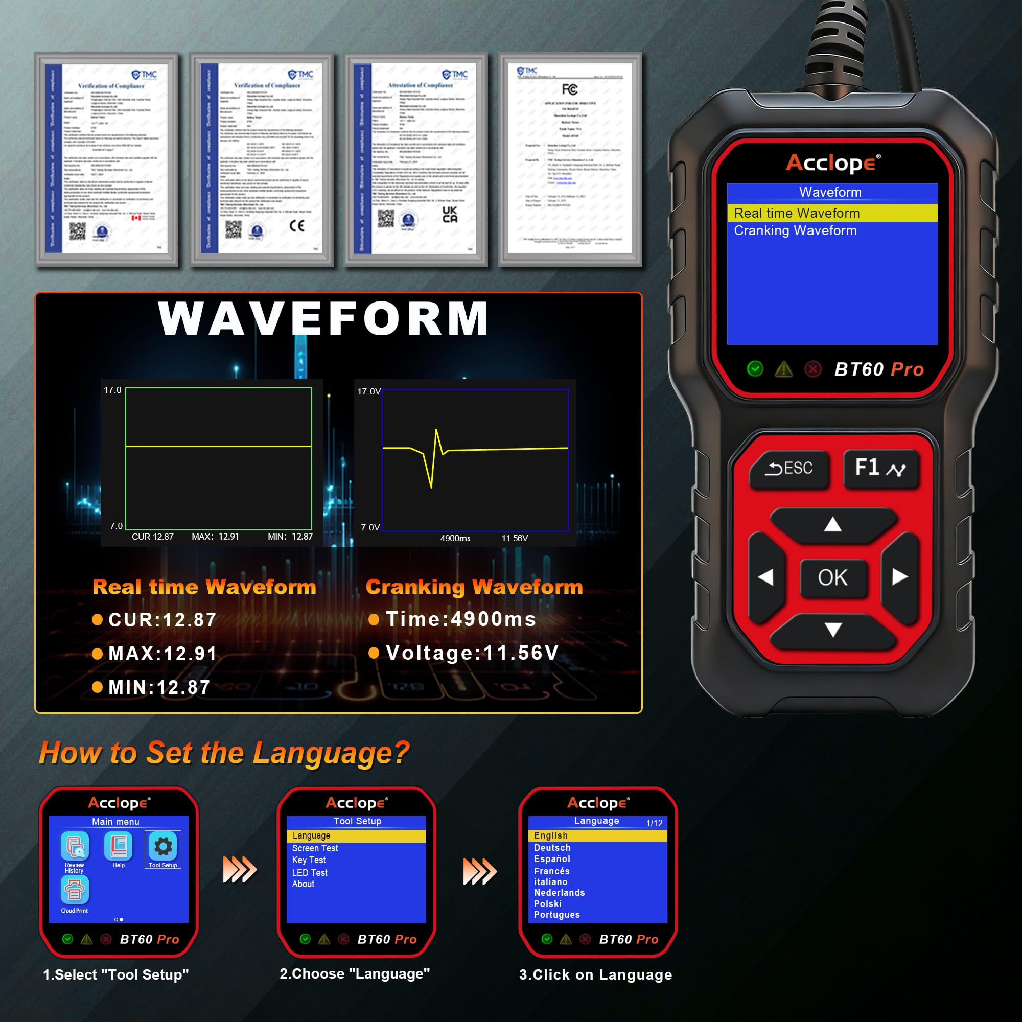 BT60 Pro Tester Digitale per Batterie Auto, CCA 100-3000, Analizzatore 6V 12V 24V, Sistema di Diagnostica Alternatore per Auto, Moto, Camion, Compatibile con AGM, Litio, Gel