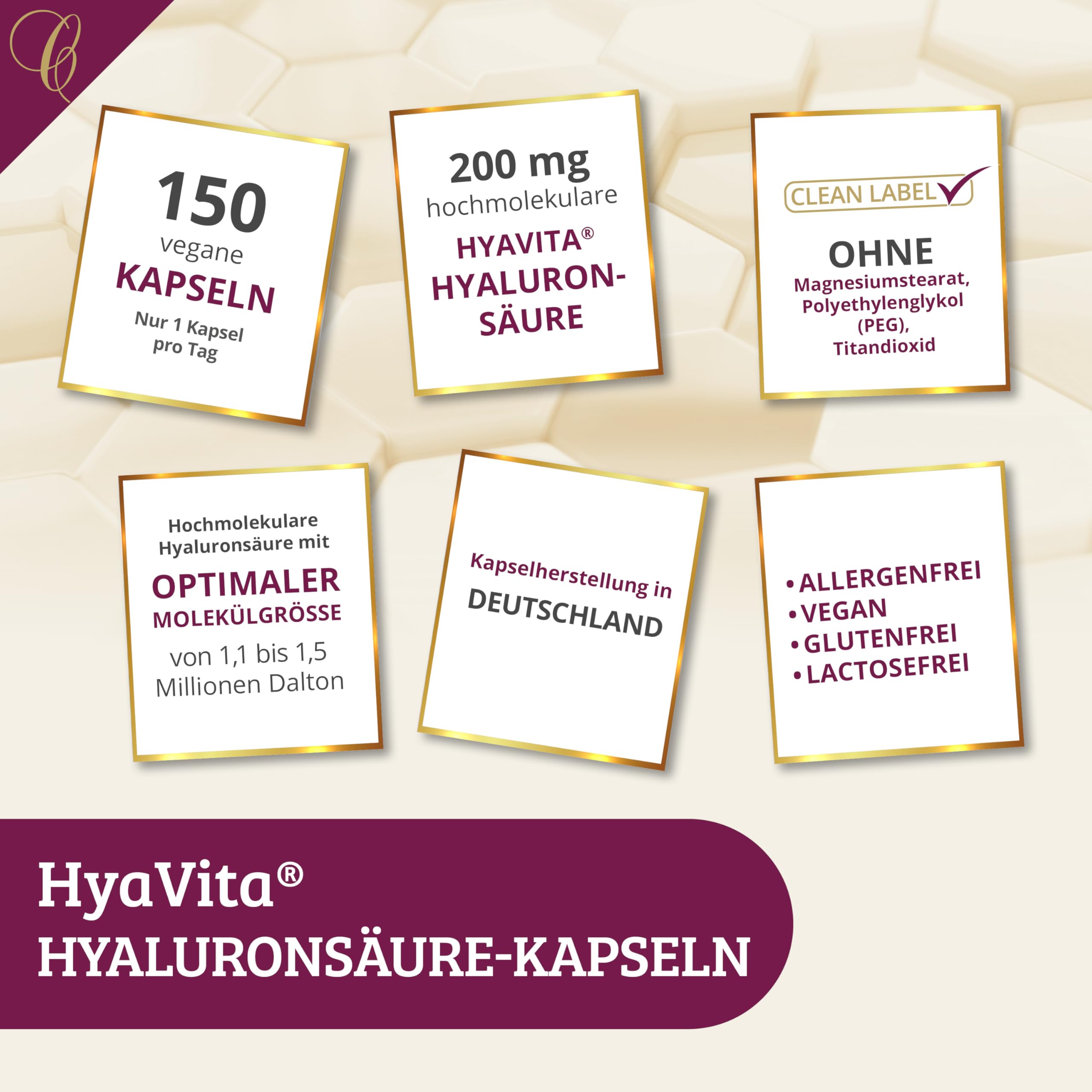 Cellufine® HyaVita Hyaluronsäure 150 Kapseln – hochdosiert, hochmolekular, glutenfrei, vegan – 150 glutenfreie Kapseln mit HyaVita Hyaluronsäure I natürlich & ohne Konservierungsstoffe