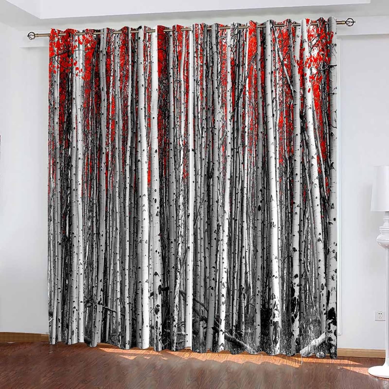 Zasłona do sypialni rodzicielskiej, zasłona okienna do wnętrz łazienka pomarańczowy szary biały brzozowy las poliester 2 panele 214 x 138 cm