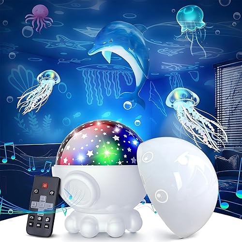 Miniatura 9 de Lindo proyector de luz nocturna de pulpo, 17 modos de luz, proyector de estrellas oceánicas con rotación de 360°, 3 películas de proyección y 9