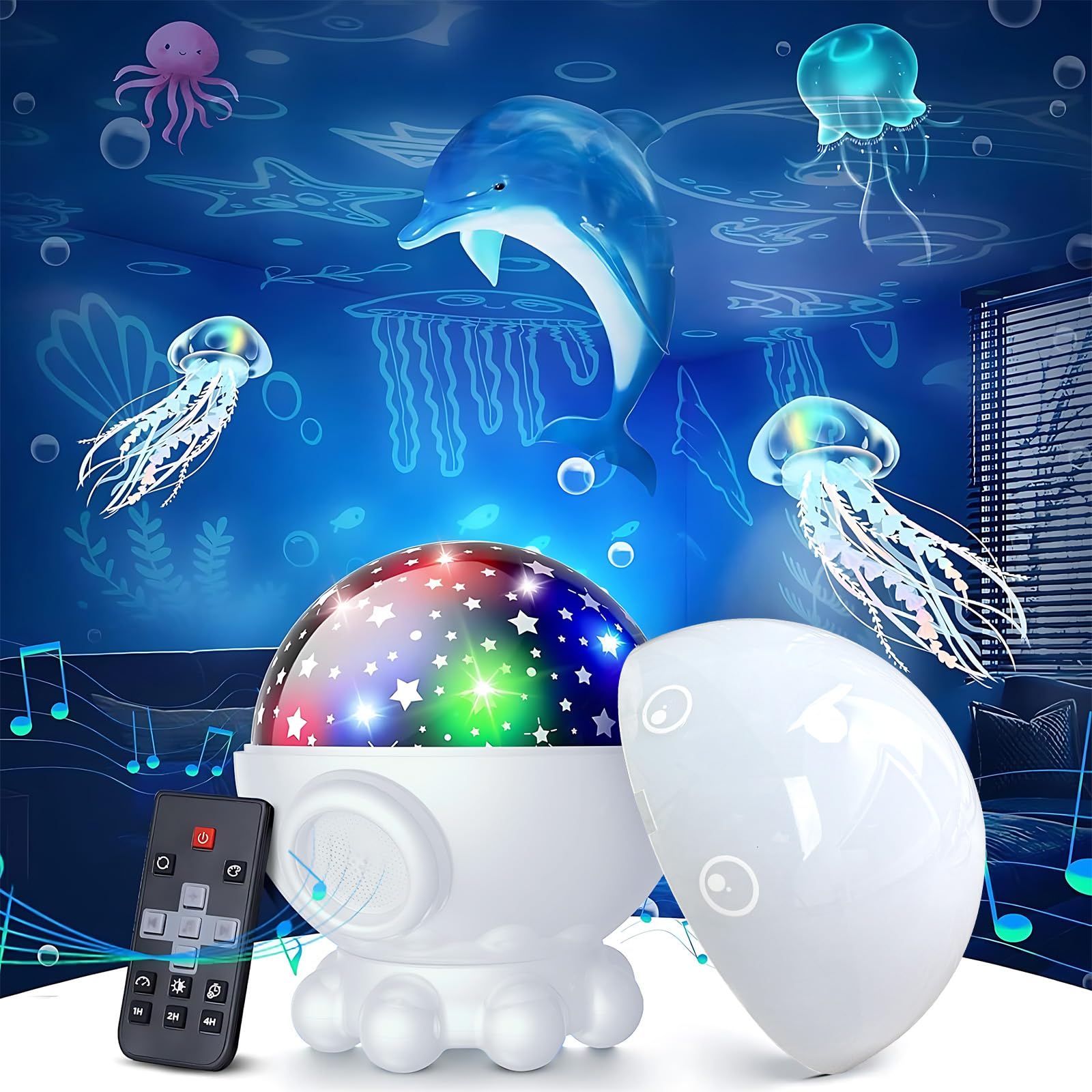 Proyector de luz nocturna para niños, 17 modos de luz, proyector de estrellas oceánicas con rotación de 360°, 3 películas de proyección y 9 canciones de cuna, lámpara de noche para guardería con