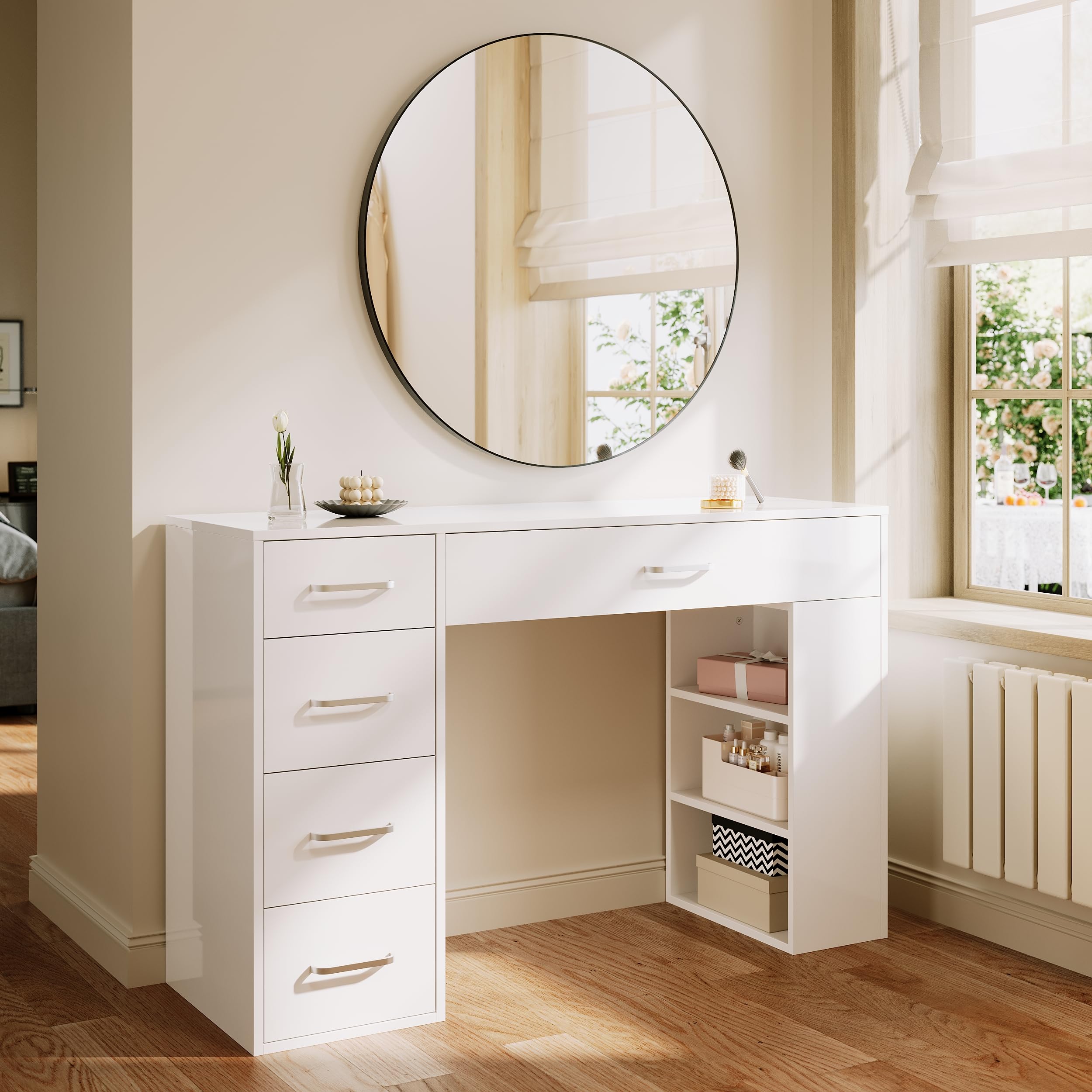 ELEGANT Dressing Table with Large Mirror, Vanity Desk with 5 Drawers and 2 Shelves for Partition Storage, White Makeup Table for Girls Bedroom,Living Room, 120W x 40D x 157Hcm