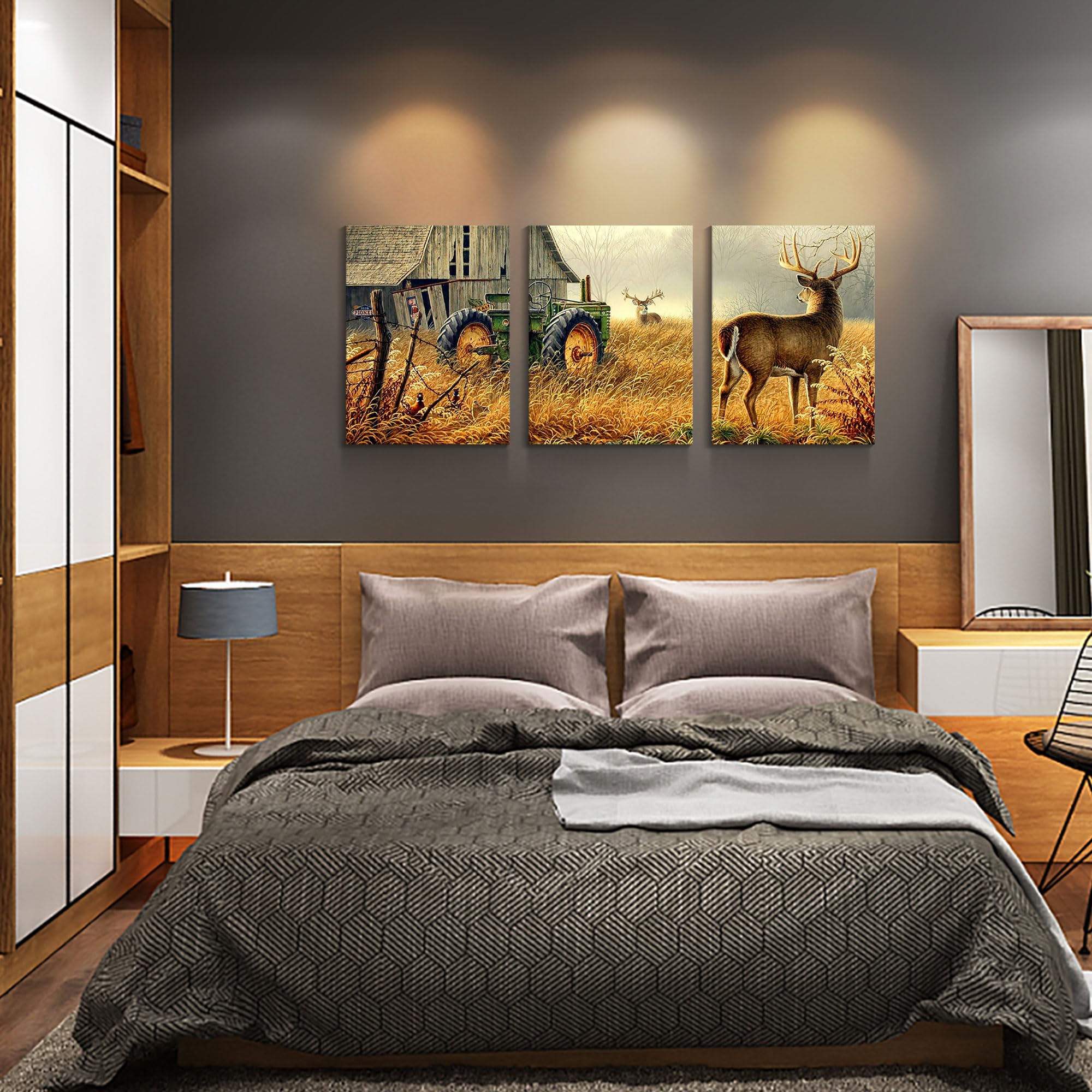 Wijotavic Canvas Wall Art Print Painting Picture Deer Country Wildlife Hunting Brown Themed Landscape 3 Panels Modern Artwork for Living Room Bedroom Bathroom Office Home Wall Decor Decoration