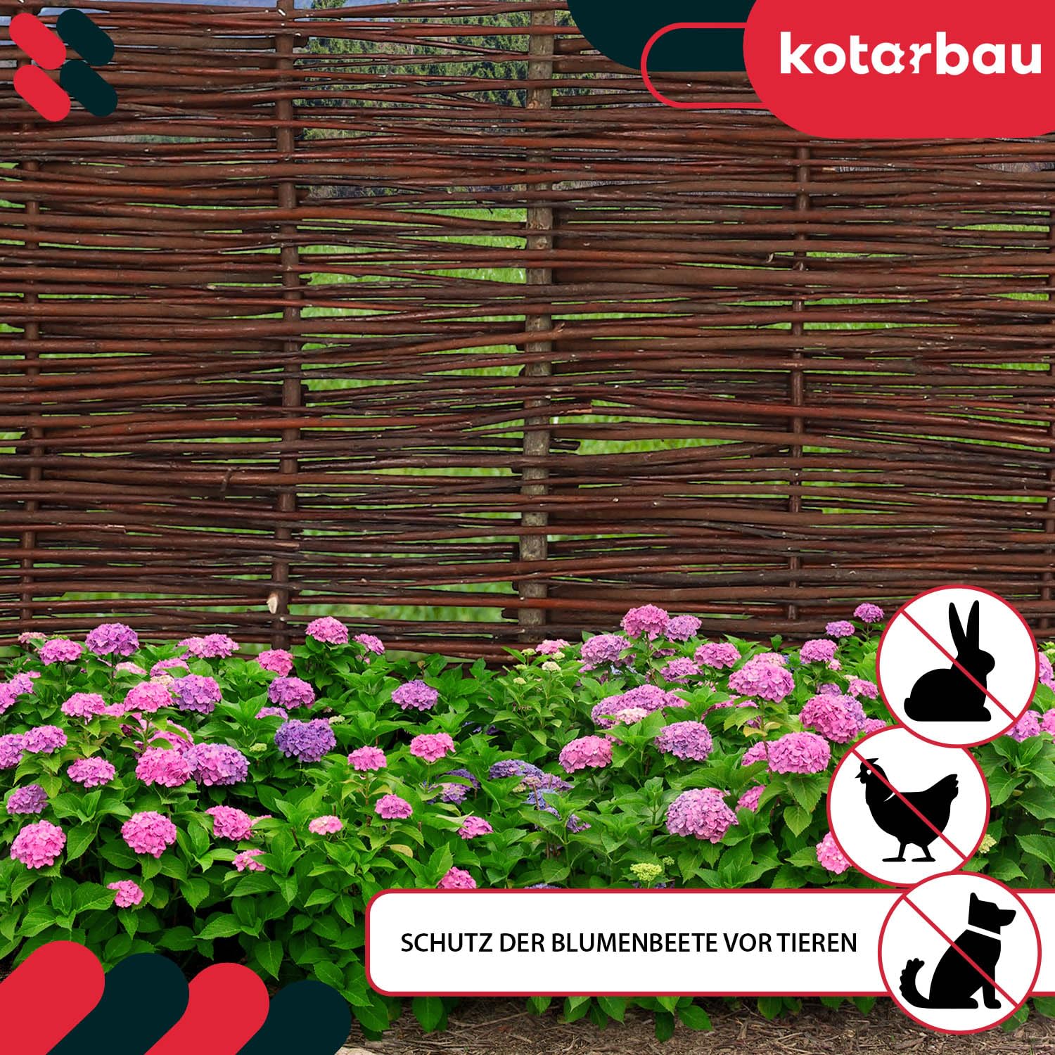 KOTARBAU® Płotek Ogrodowy Wiklinowy - 120 X 40 CM - Płot Wbijany - Palisada - Obrzeże - Zestaw 5 SZT