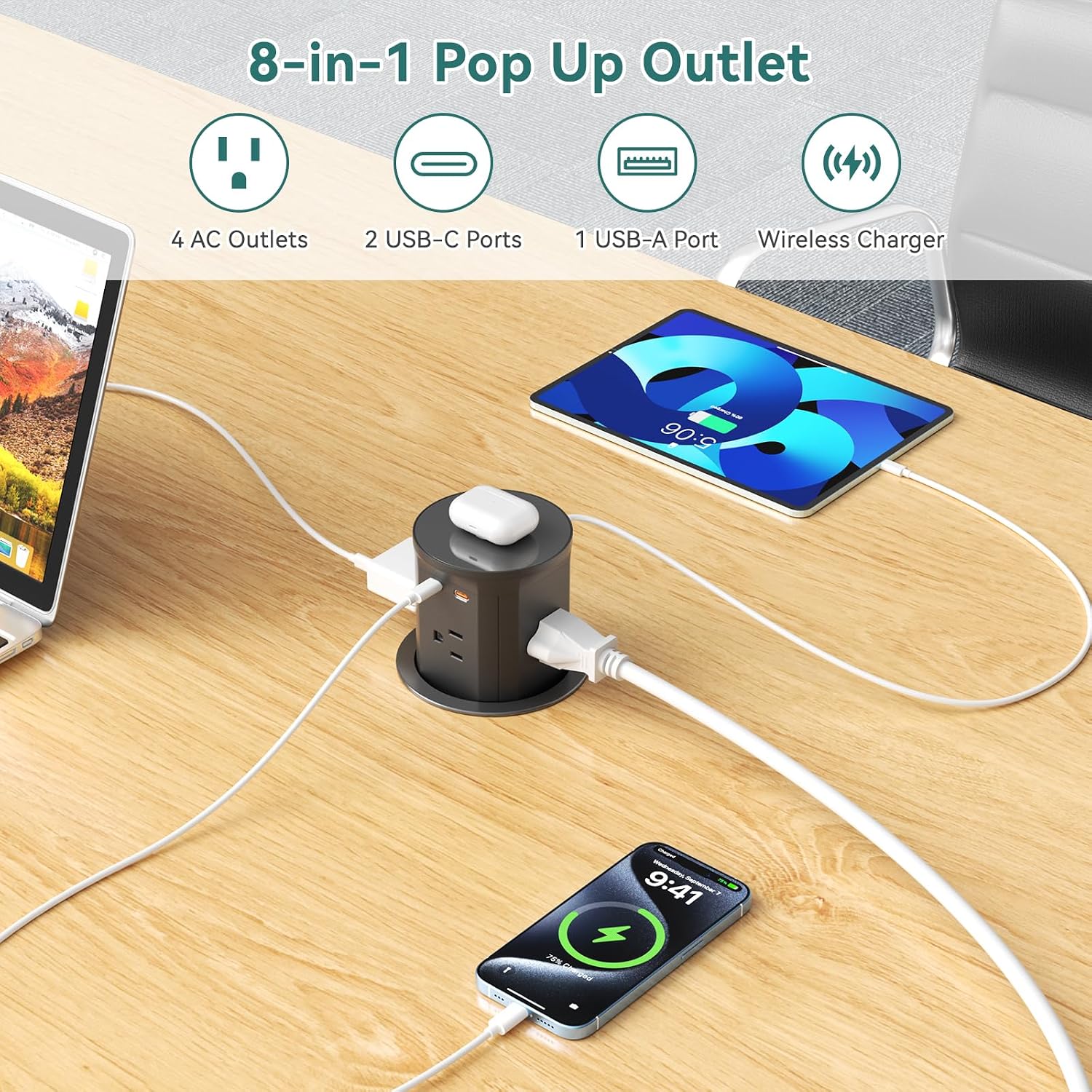 QBA Pop Up Countertop Outlet with PD 20W USB-C, 15W Wireless Charger, Pop Up Electrical Outlet with 4 Outlets 3 USB Ports, 3 3/8" Hole Desktop Power Grommet for Home Office (Black) 3 8139R2utePL. AC SL1500