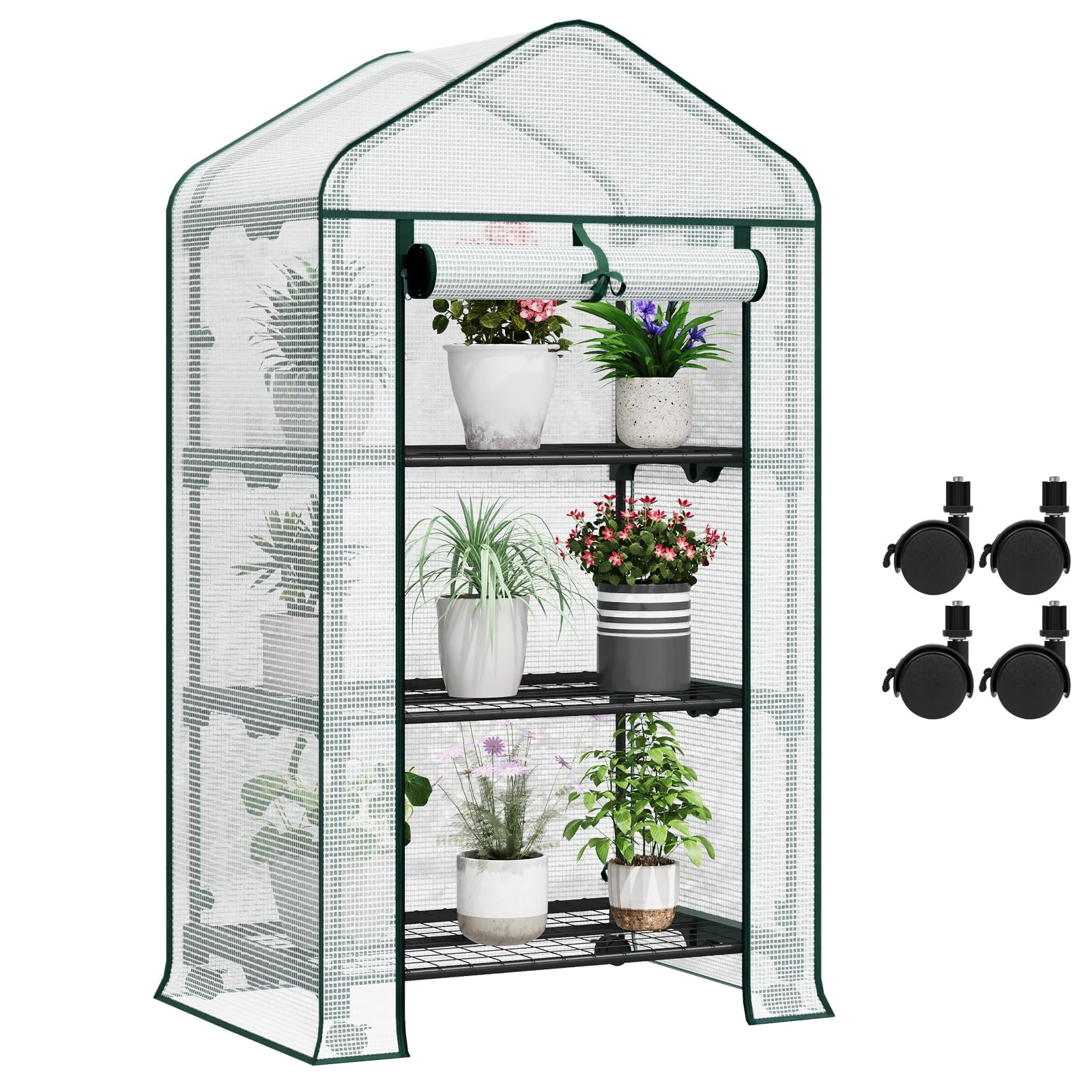 WOLTU Serra da Giardino, con Ruote, Serra da Balcone, 70x50x131 cm, Copertura in PE 140 g/m², Porta a Zip Avvolgibile, per Svernamento con 3/4 Ripiani, per Interni ed Esterni, Bianco