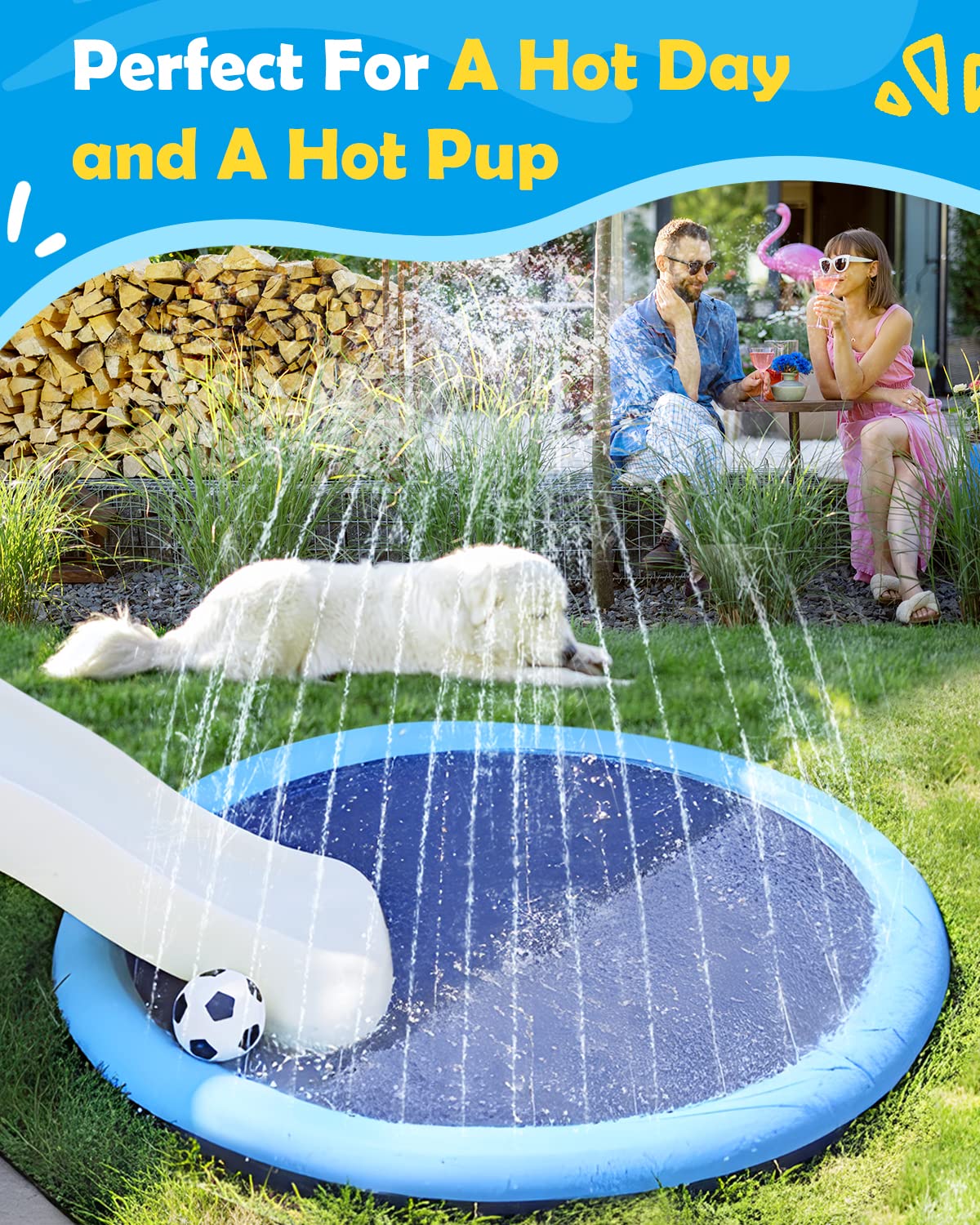 Peteast Dog Pool para Perros Grandes y pequeños y niños 59 "Plegable Splash Sprinkler Pad, 0,58 mm de Espesor Antideslizante Dog Water Toy, Respetuoso del Medio Ambiente Durable
