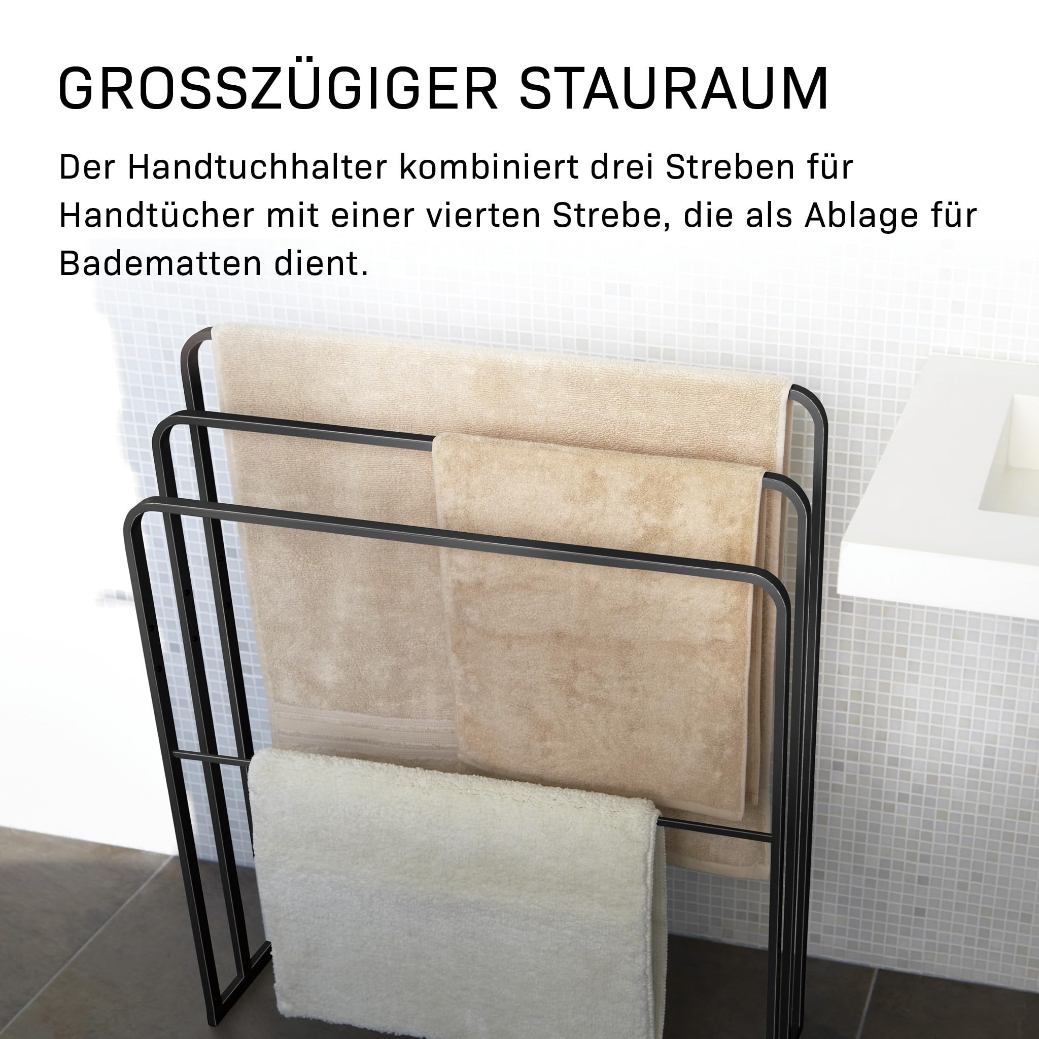 Yamazaki Tower Handtuchständer mit 3 Stangen aus Stahl - für Badematte/Handtücher, schmal, modern - 14 x 70 x 81 cm, Japanisches Design, schwarz