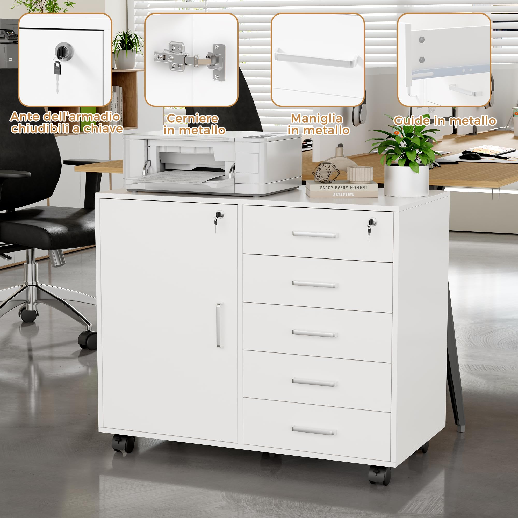 BEWISHOME Armadietto per Documenti con 5 Cassetti, Mobile ufficio con chiave, Cassettiera Ufficio con Ruote, Armadio ufficio con 3 Ripiano Regolabile, Manico in metallo, 78x40x65,5 cm, Bianco EBWG01W