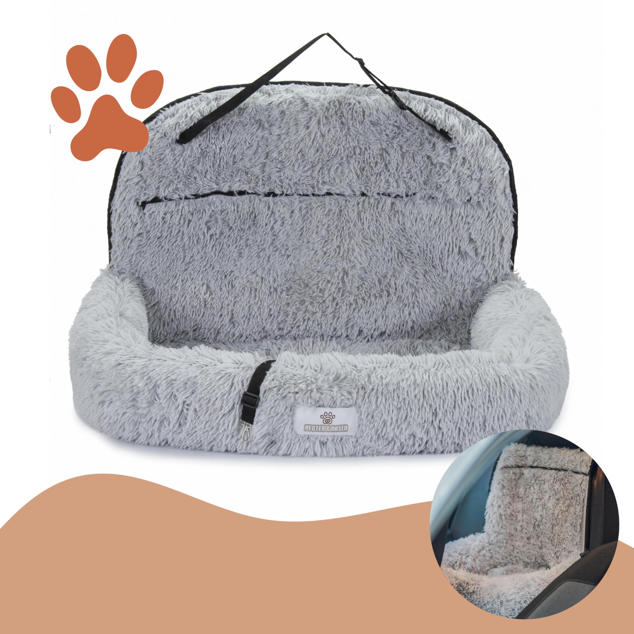 Pfoten&Nasen® 2 In 1 Orthopädisches Hunde Autositz [Hellgrau, 41X50X33cm] Für Große, Mittelgroße und Kleine Hunde, Hundebett Auto, Hundesitz Auto Rückbank, Dog Car Seat, Hundekorb Auto.