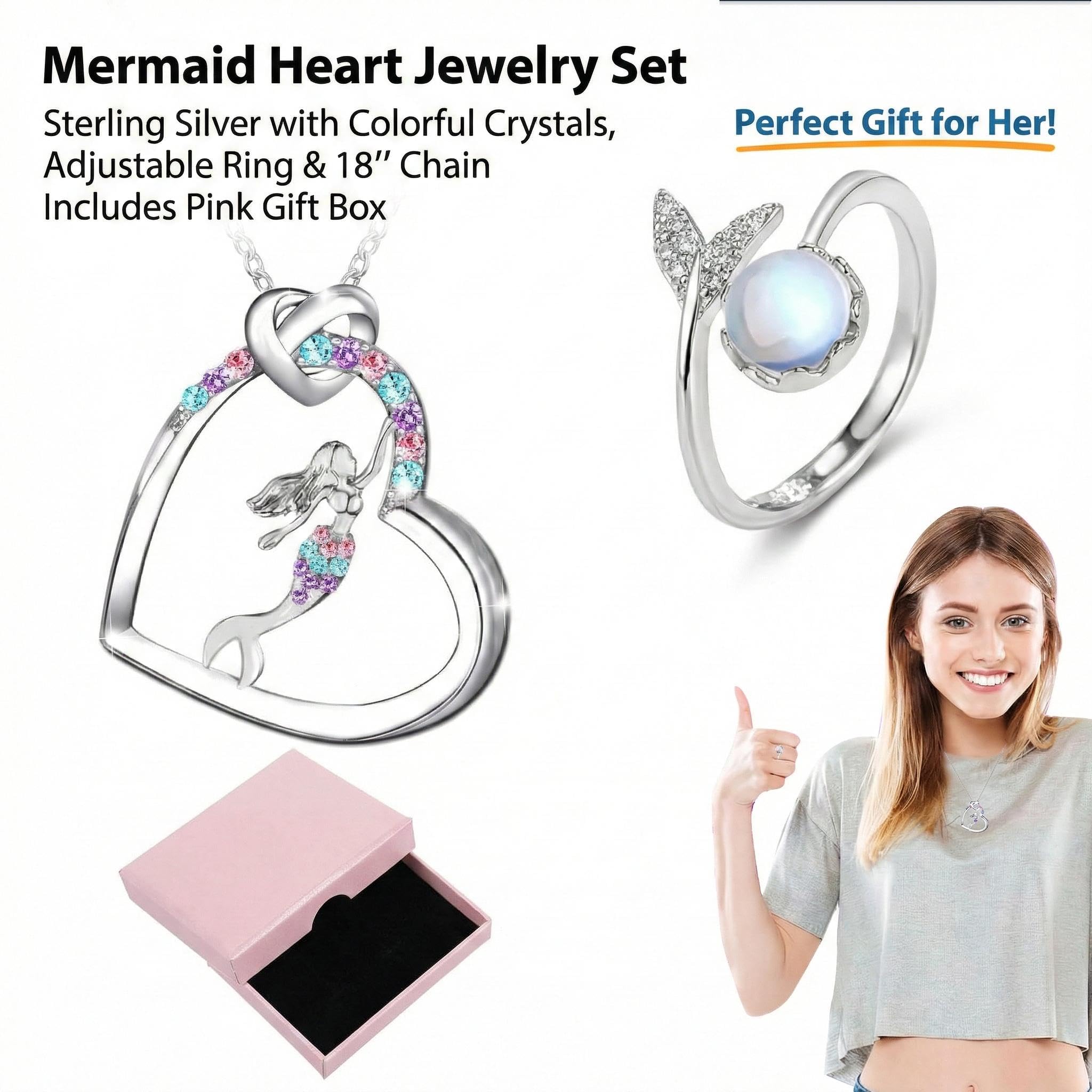 Collana Sirena con Anello a Forma di Coda e Scatola Regalo Rosa per Bambina