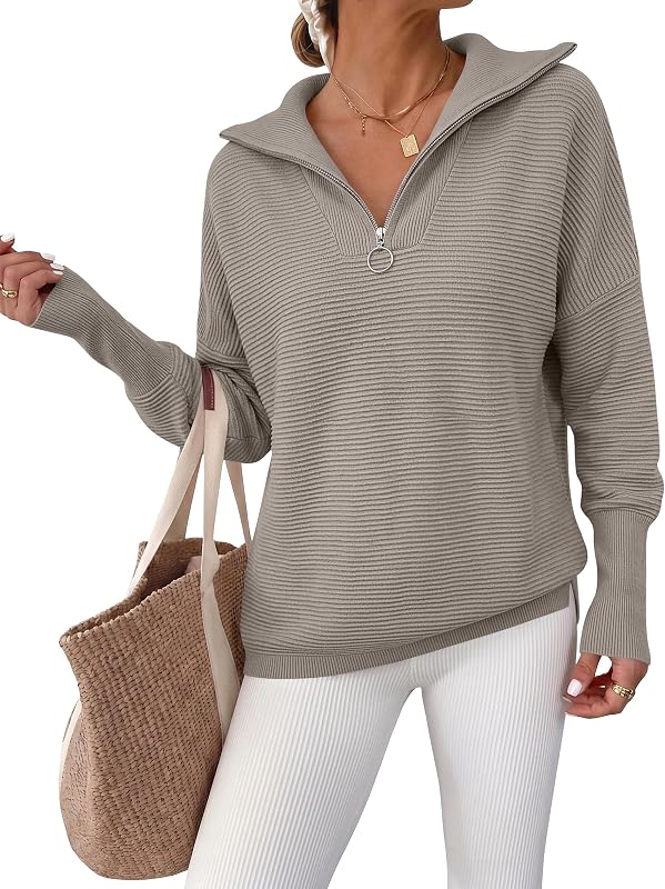 ANRABESS Suéter de otoño de manga larga con cremallera de un cuarto para mujer | Camisas con cuello en V con solapa y cuello,Top de punto acanalado suave para polainas,Trajes informales de negocios para el trabajo,Ropa de vacaciones de viaje