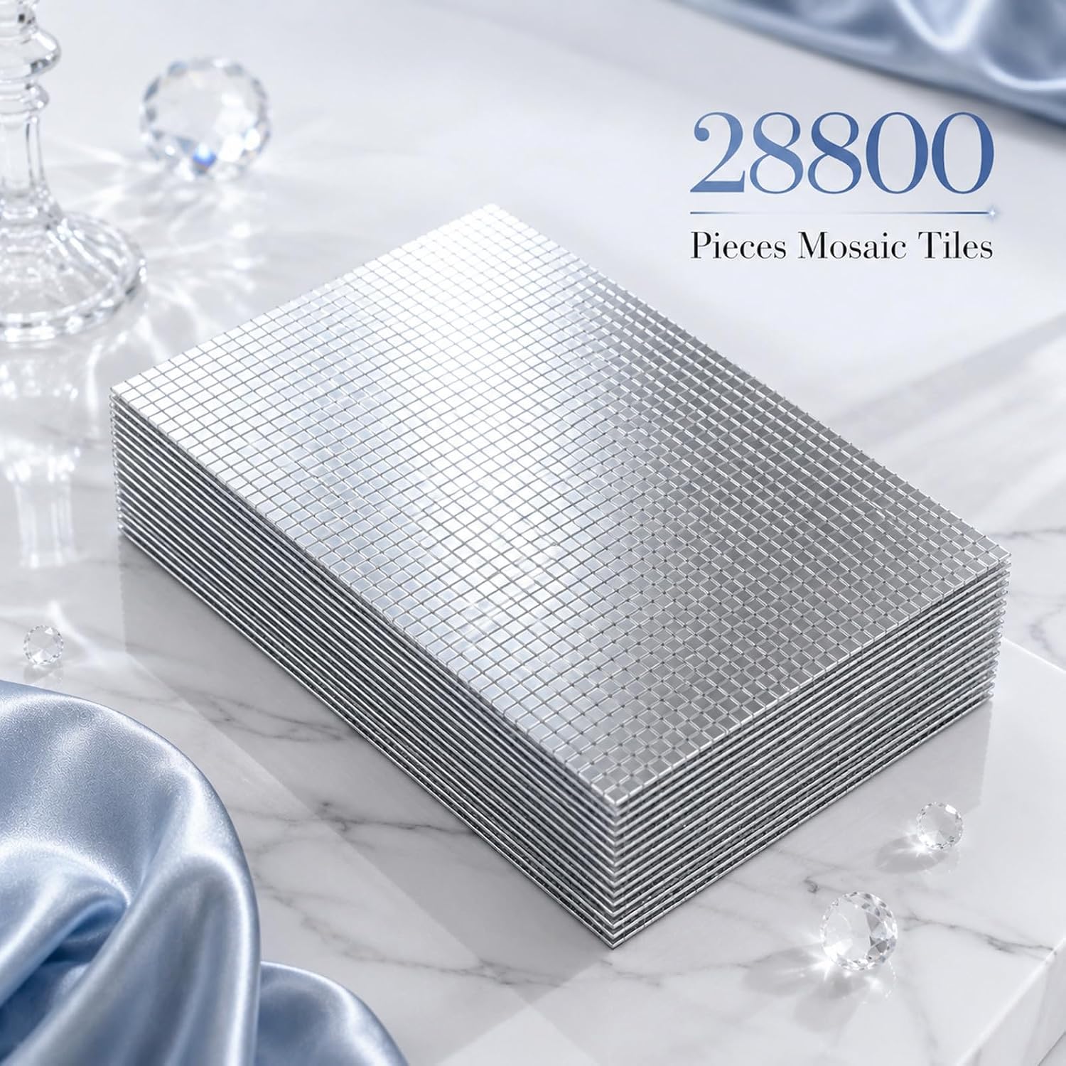 16 Sheets Self Adhesive Mosaic Tiles, 28800 Pcs Silver Glass 0.2" Mirror