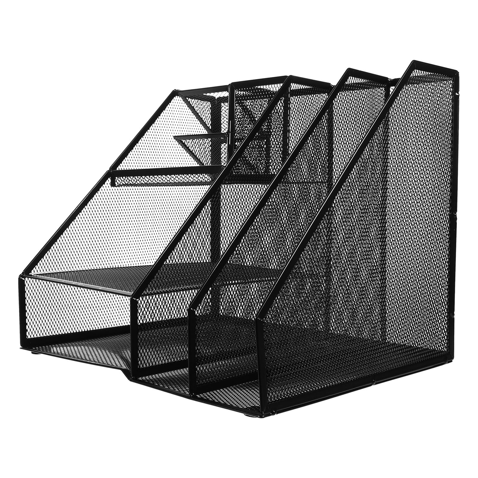 Portariviste da Scrivania in Metallo Nero con Organizer Rete Doppia Colonna e Tre Supporto per Documenti e Contenitore Porta Penne Scaffale Organizer Robusto per Ufficio e Studio
