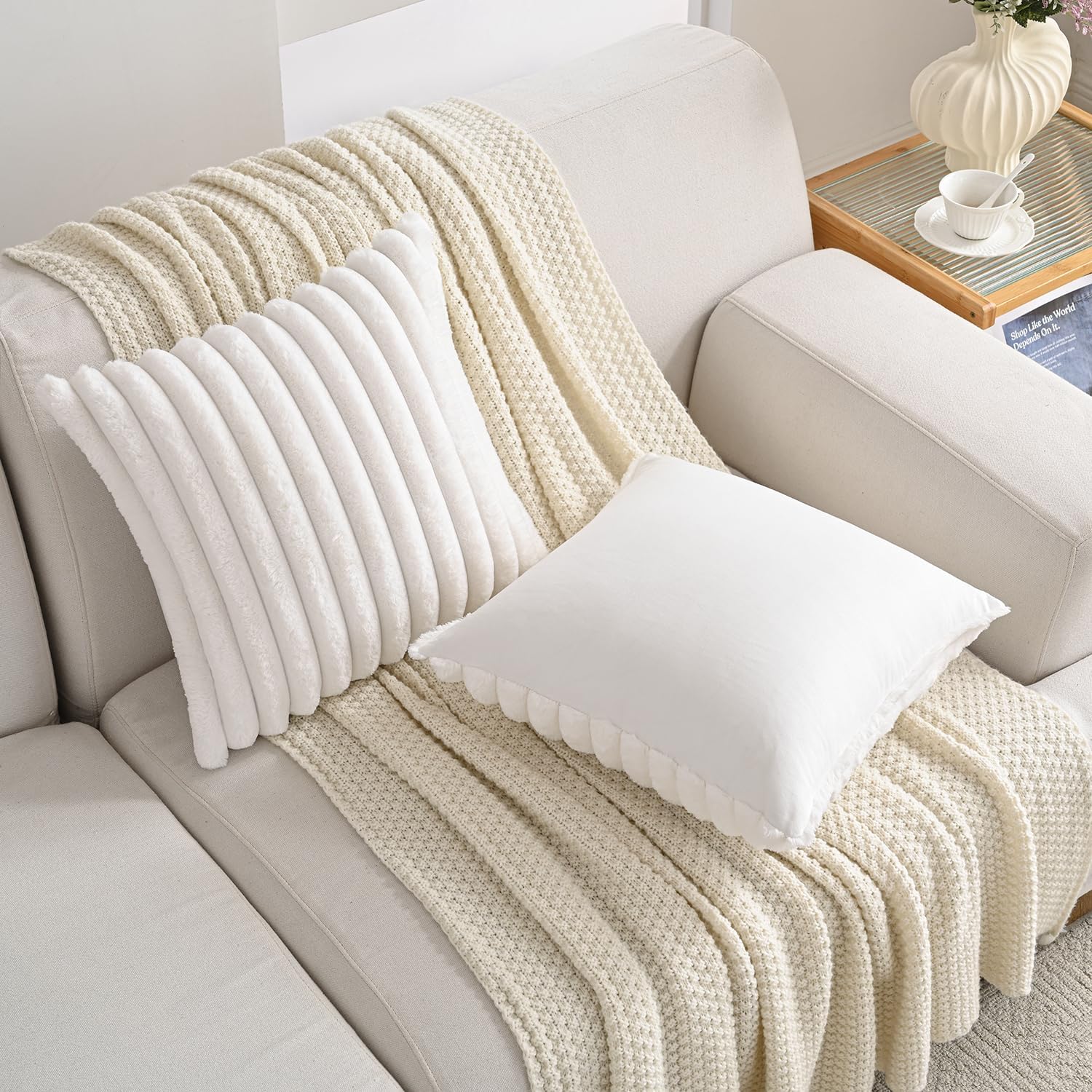 SIMILIAR TO STOCKPHOTO… Volcanics Set of 2 Faux Fur Plush Decorative Throw Pillow Covers 18x18 Inches, Striped Cushion Cases Soft Fluffy Accent Pillowcases for Sofa, Couch and Bed, Cream White Cream White 18\" x 18\" (Pack of 2)II