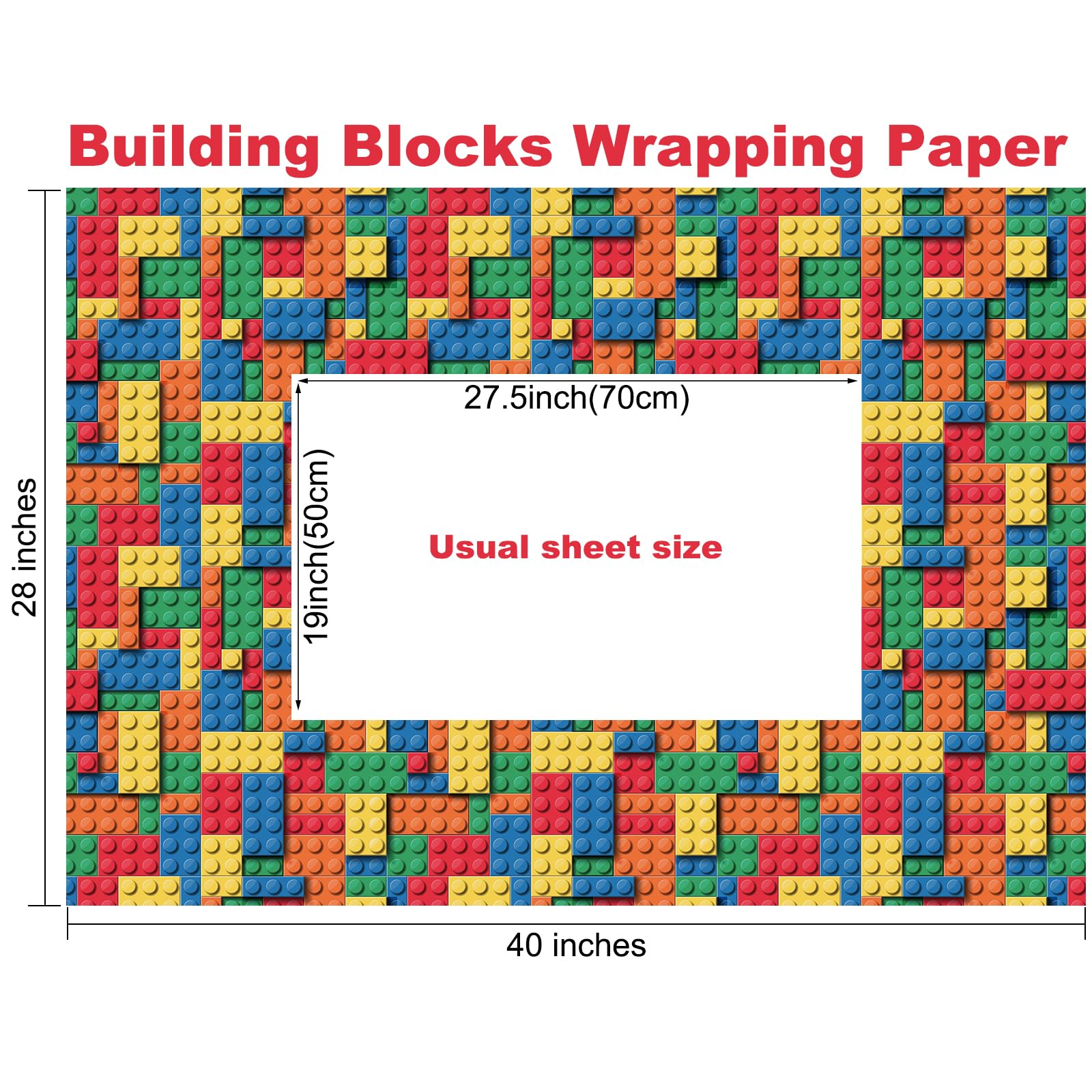 PlandRichW Building Blocks Wrapping Paper for Boys Girls - 4 Large Folded Sheets, 40"x 28" Colorful Building Bricks Design Gift Wrap for Kids Birthday, Toys, Baby Shower